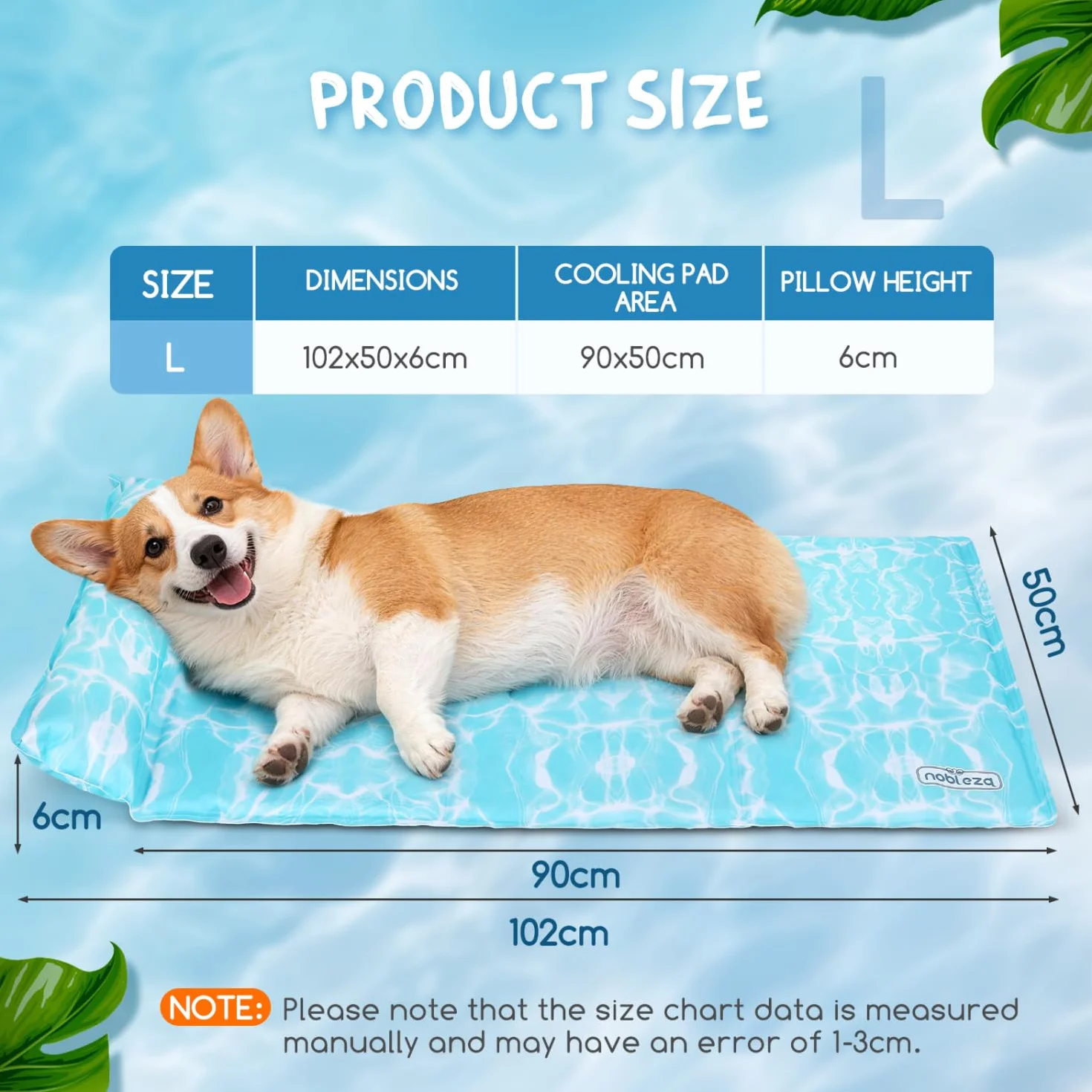 Nobleza Manta Cama Refrescante para Perros y Gatos, Alfombra Refrescante Perro Diseño con 6cm Almohada Cervical Añadida, Gel No Tóxico y Auto-Refrescante, Tela Oxford 300D Resistente, 102x50cm