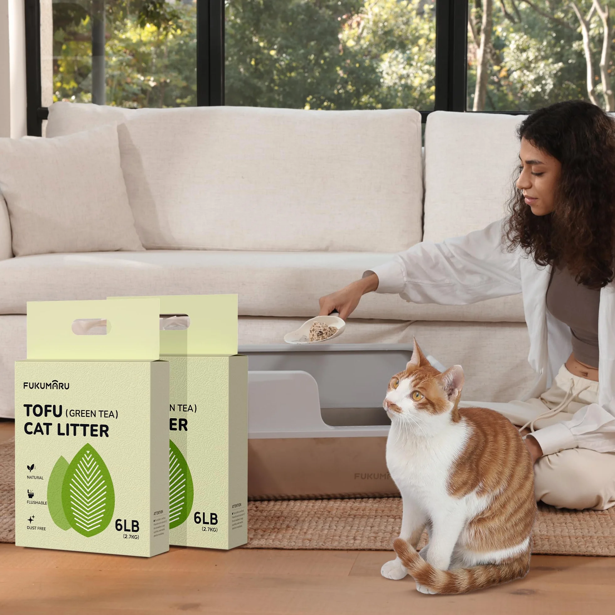 FUKUMARU Arena de Tofu para Gatos 10.8kg - Arena Aglomerante, Control de Olores, Aroma de Té Verde, Sin Polvo