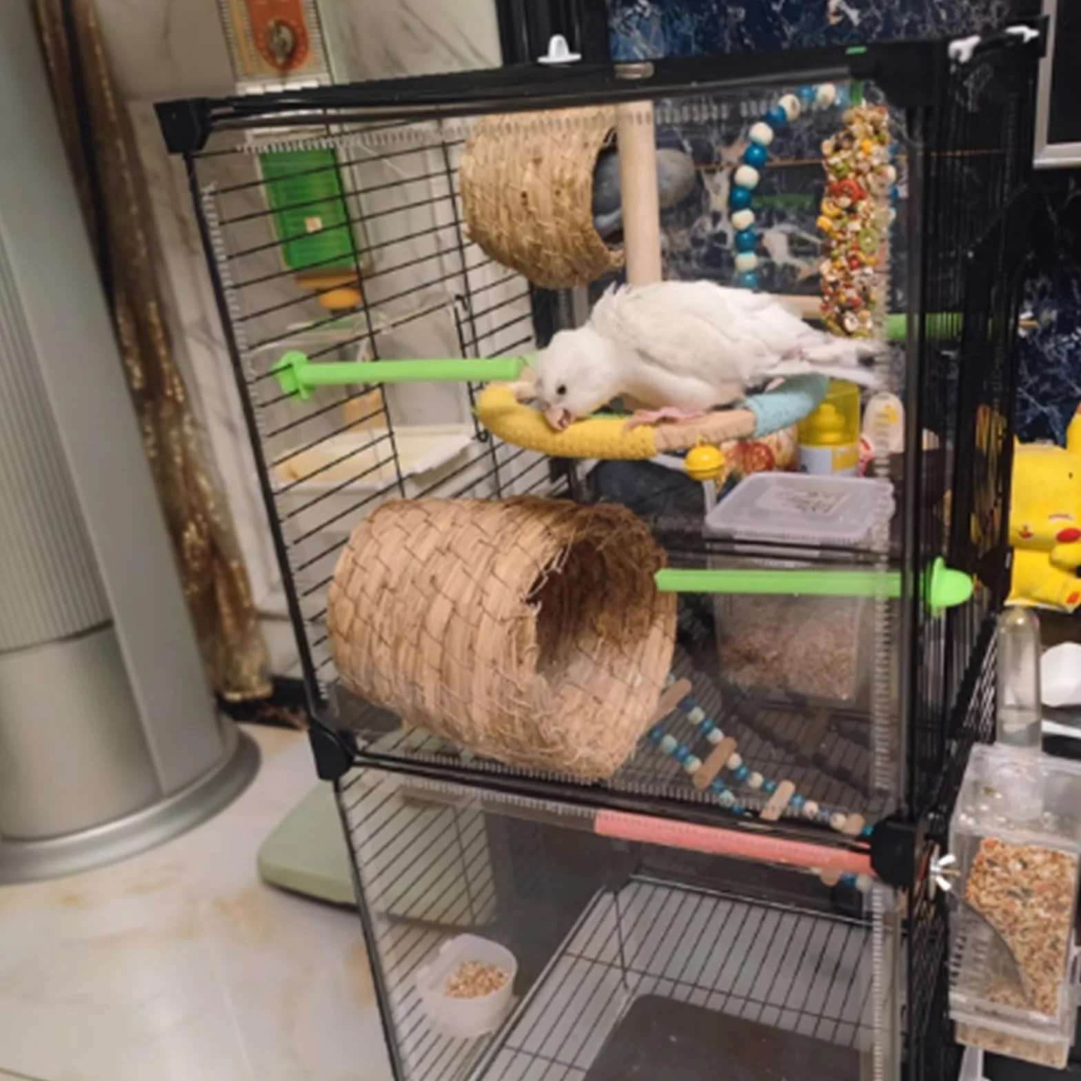 Jaula para pájaros, jaula para loros, jaula de periquitos movible de 2 niveles con ruedas, jaulas extragrandes para pájaros con casa de pájaros para loros, conuros, periquitos de cacatúas