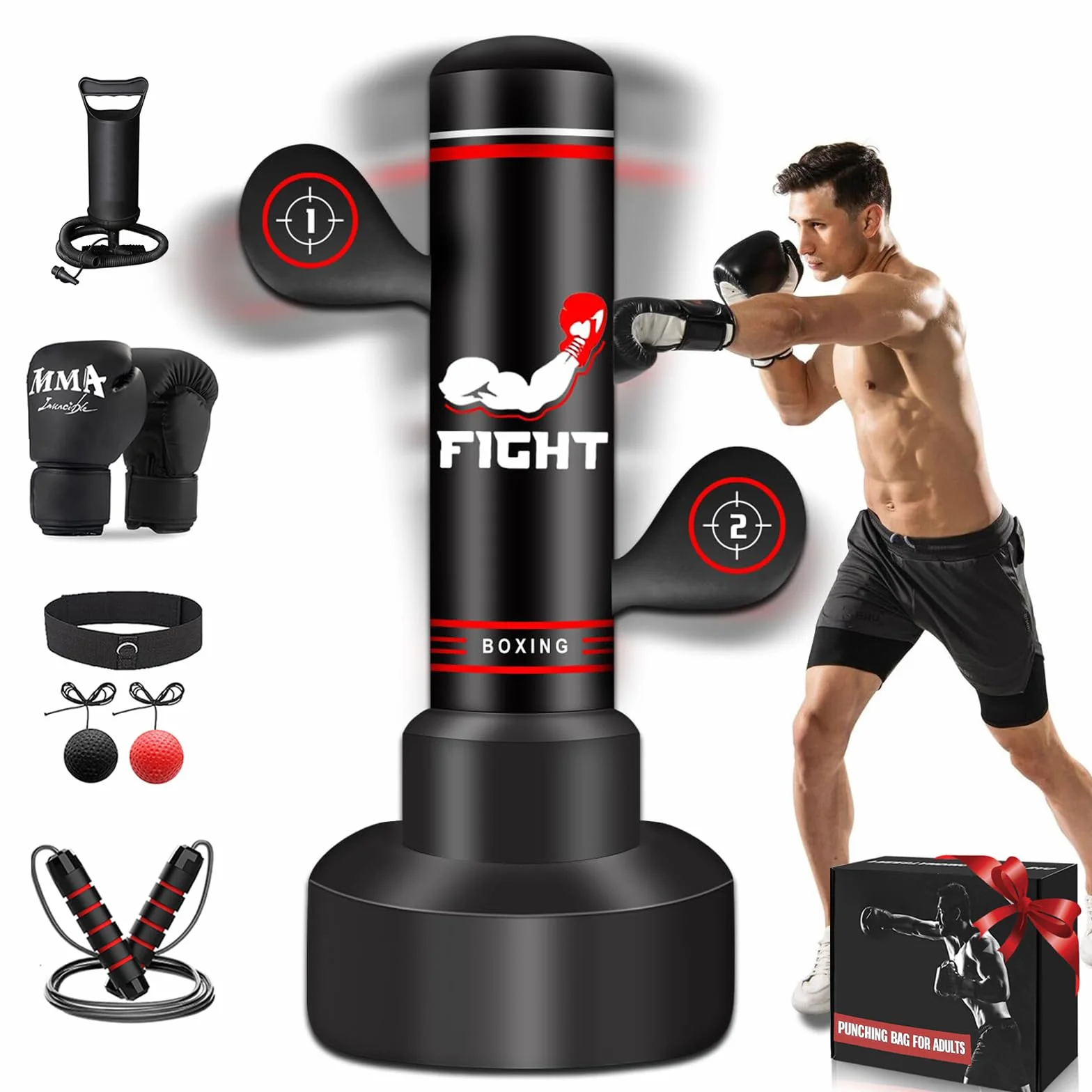 Saco de Boxeo de Pie 180cm con Guantes, Bomba, Cuerda y Pelota de Reflejos para Entrenamiento MMA Fitness
