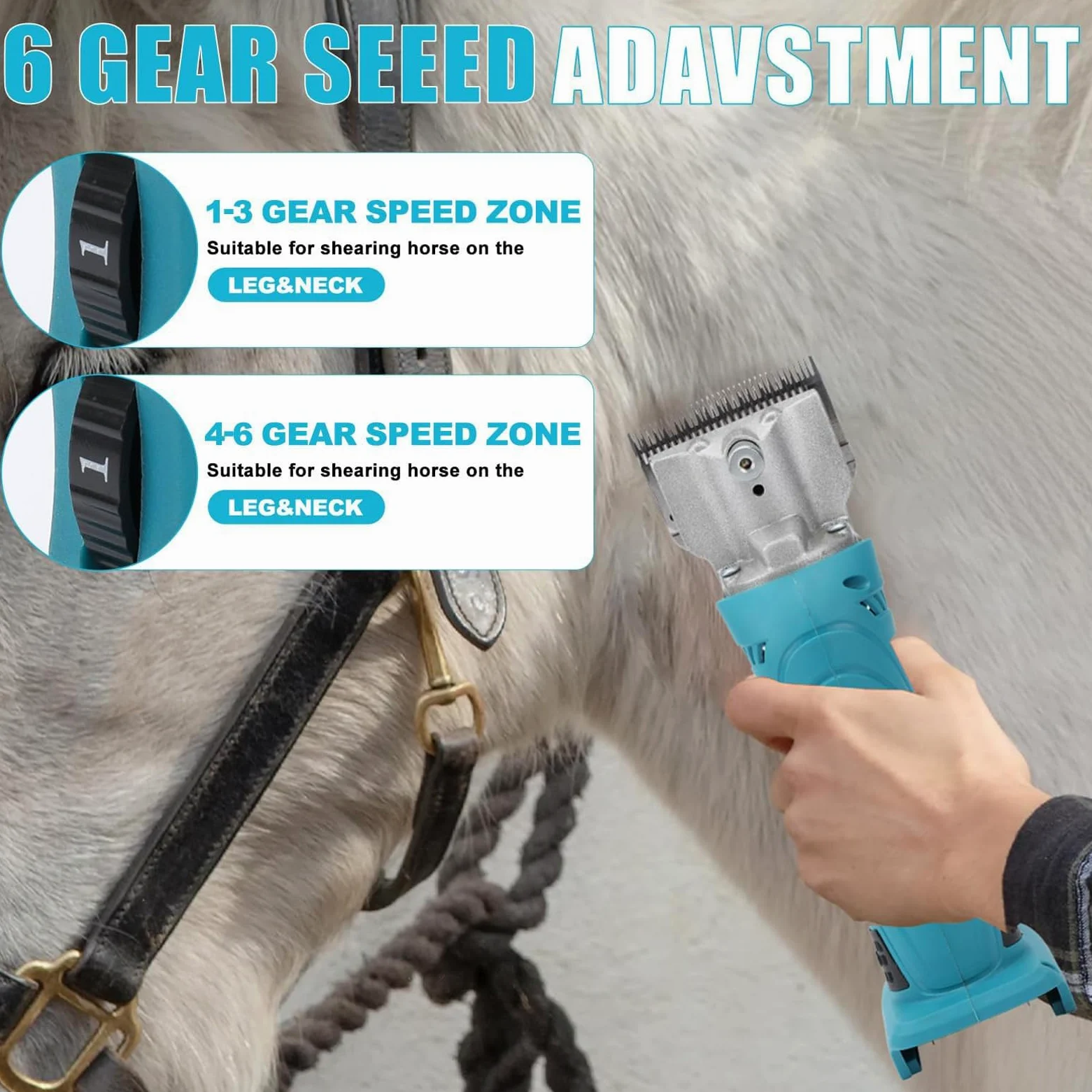 Esquiladora Eléctrica para Caballos 500W, Esquiladora Inalámbrica para Ganado 21V con 2 Baterías & Ajuste de 6 Velocidades, Cuchillas de Acero al Carbono 2500 rpm Cortadora Eléctri Blue-B 2 Batteries
