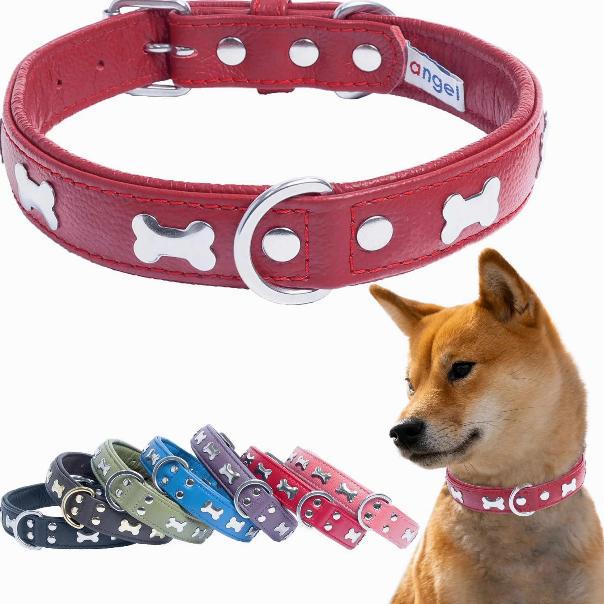 Angel Pet Supplies Inc. Huesos de Cuero Collar de Perro, Acolchado, Double-ply, con Mangos de configuración, 18" x 3/4 ", Rojo, 100% Piel auténtica (Rotterdam Huesos) Cuello tamaño: 12,5" – 16 "