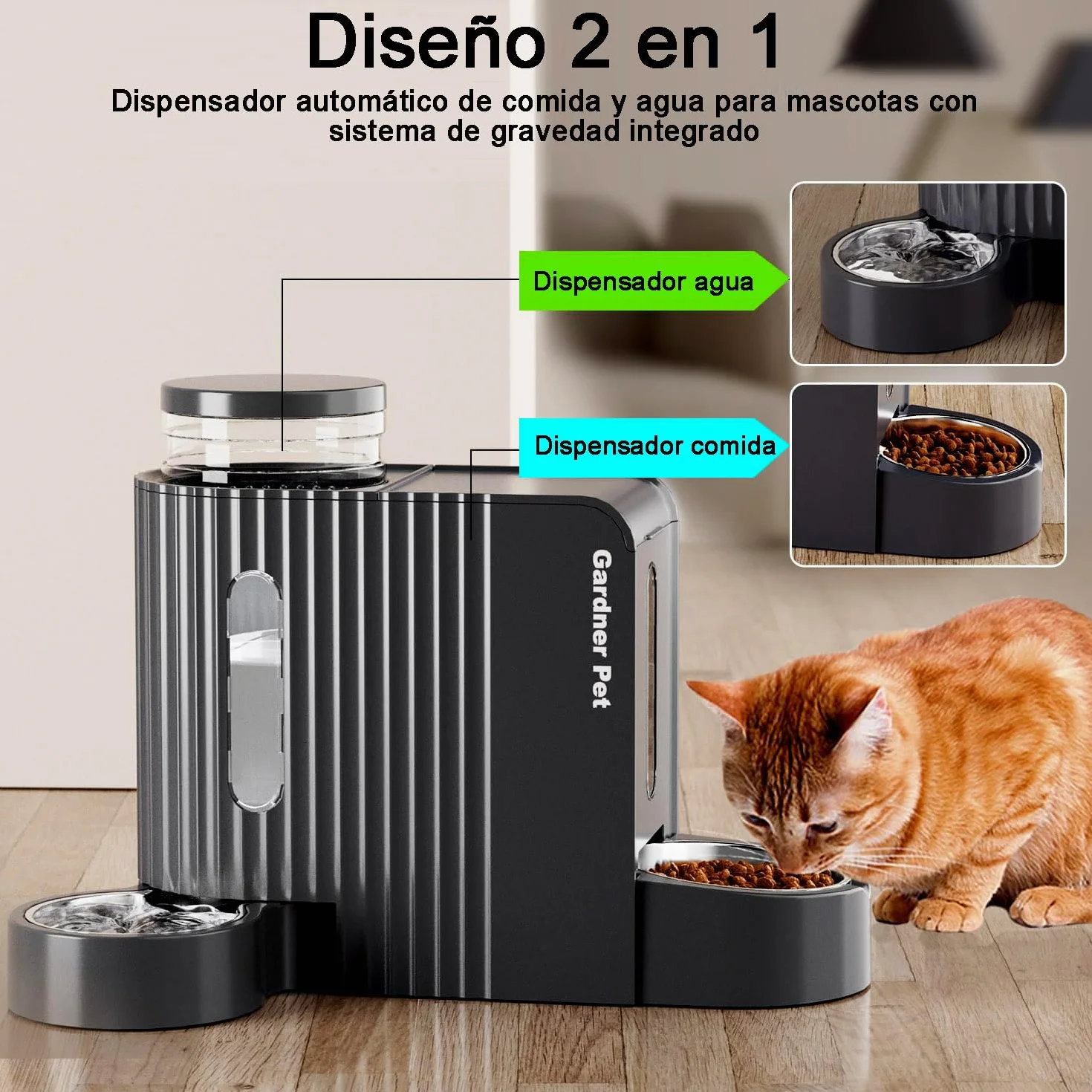 Gardner Pet 2 en 1 Comedero Gato Automatico (3L*2), Dispensador Comida y Agua, Bebedero Perro con Bol Acero Inoxidable, Dispensador Comida Gatos Gravedad,Sin BPA,No Eléctrico-Negro