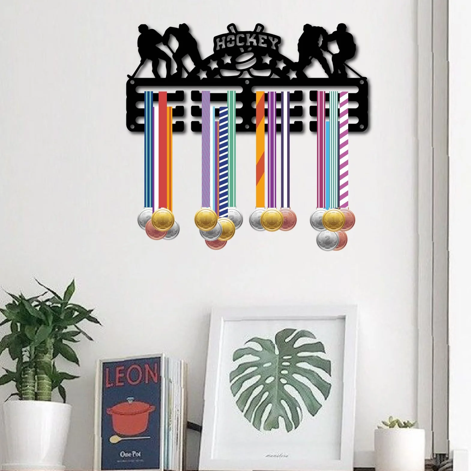 CREATCABIN Soporte Medallas Hockey, Colgador Deportivo, Estante 29x13cm Negro