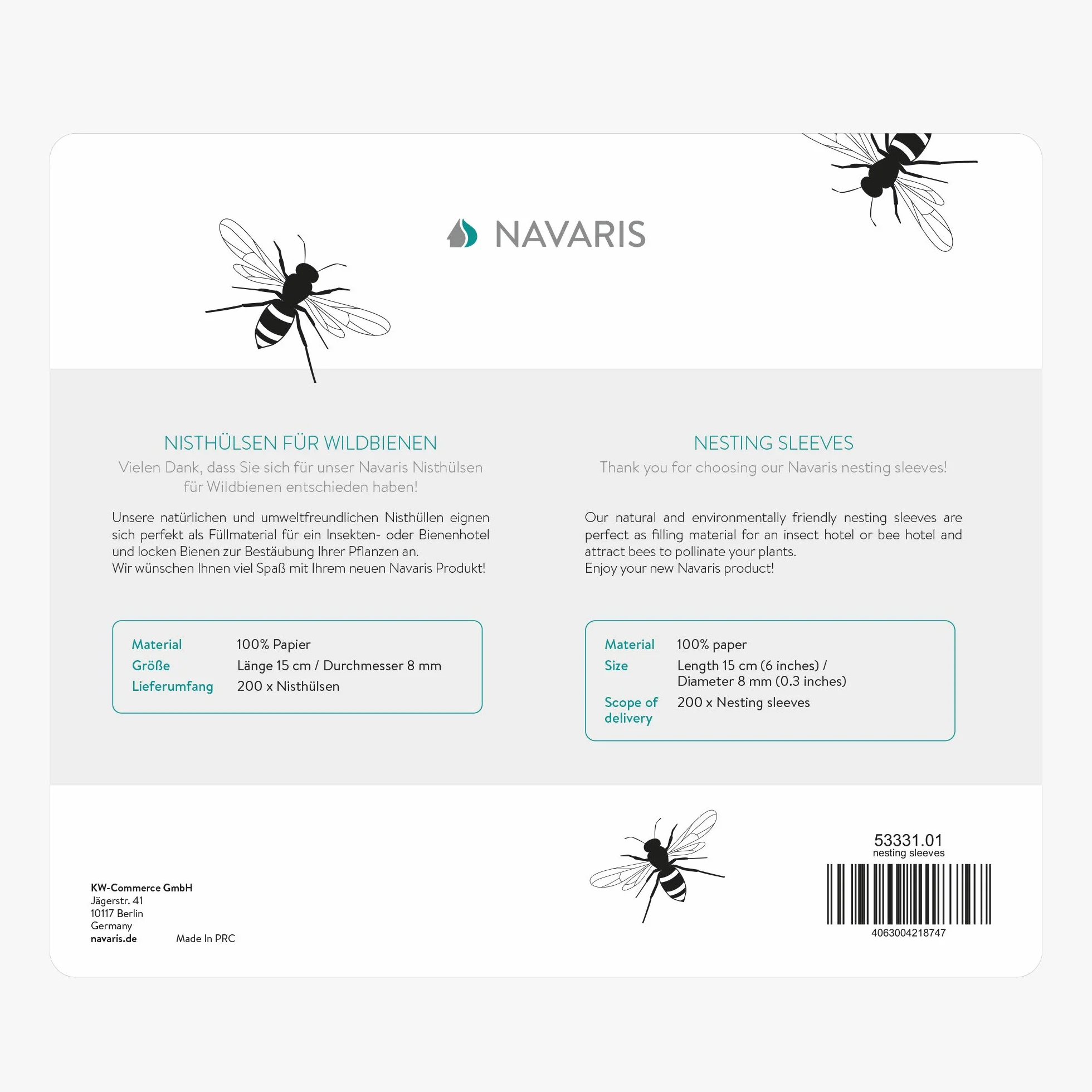 Navaris 200x Tubo para Nido de Abejas - Tubos de cartón para Rellenar Hotel de Insectos Colmena o casita de Abejas - Longitud 15 CM diámetro 8 MM