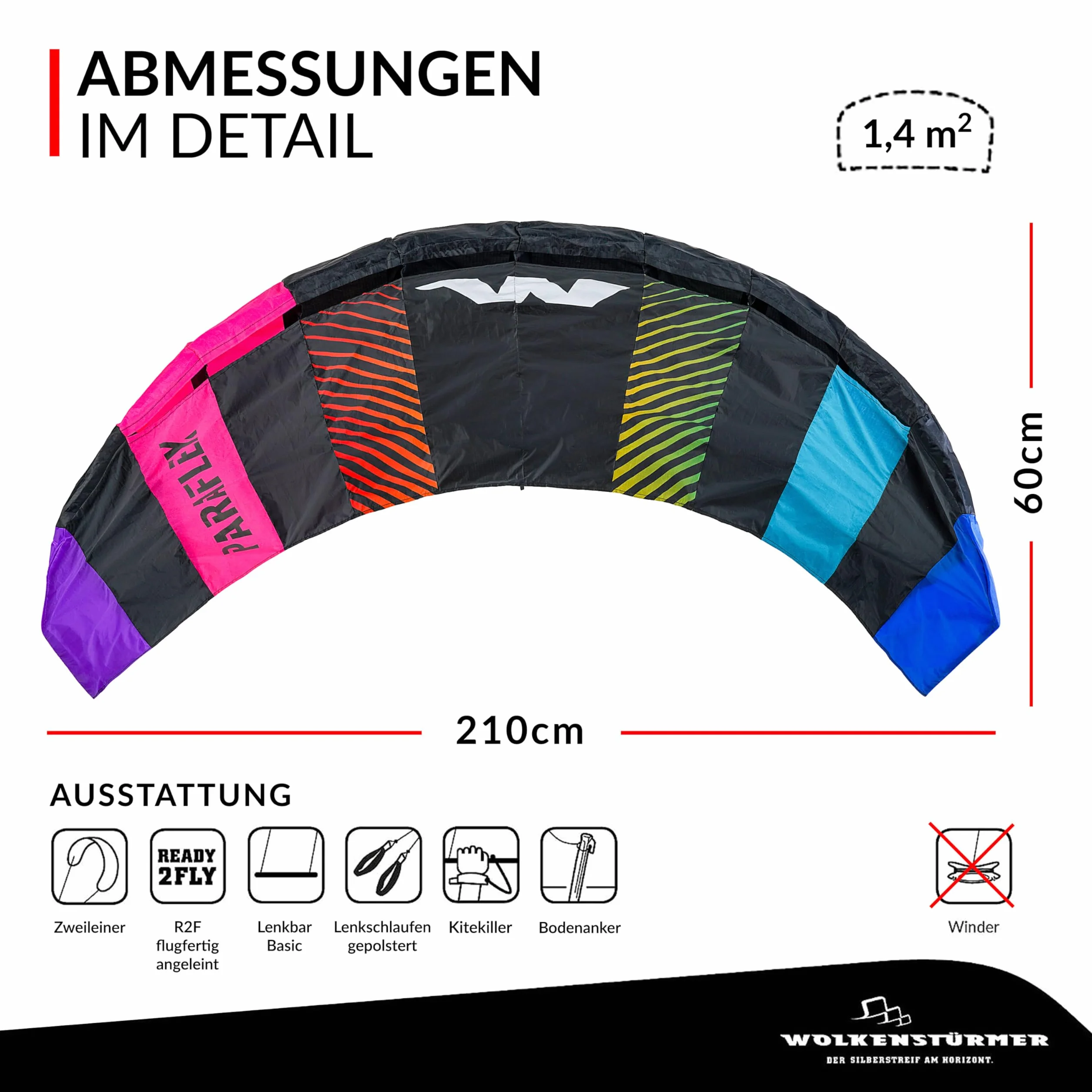 Wolkenstürmer Paraflex Basic Alfombra de dirección 2.1 SE Cometa de Dos líneas Dragón Volador Gris