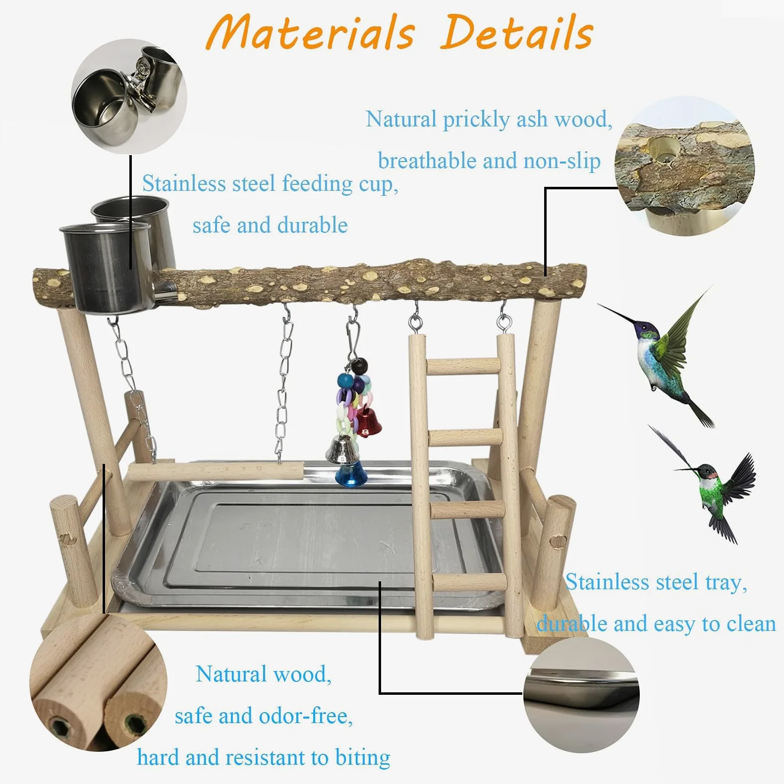 PINVNBY Parque de Juegos para pájaros, Soporte de Madera para Loros, Soporte de Madera para Ejercicio, para Gimnasio, Escalera con Tazas de comedero, Juguetes Colgantes para periquitos, Conure