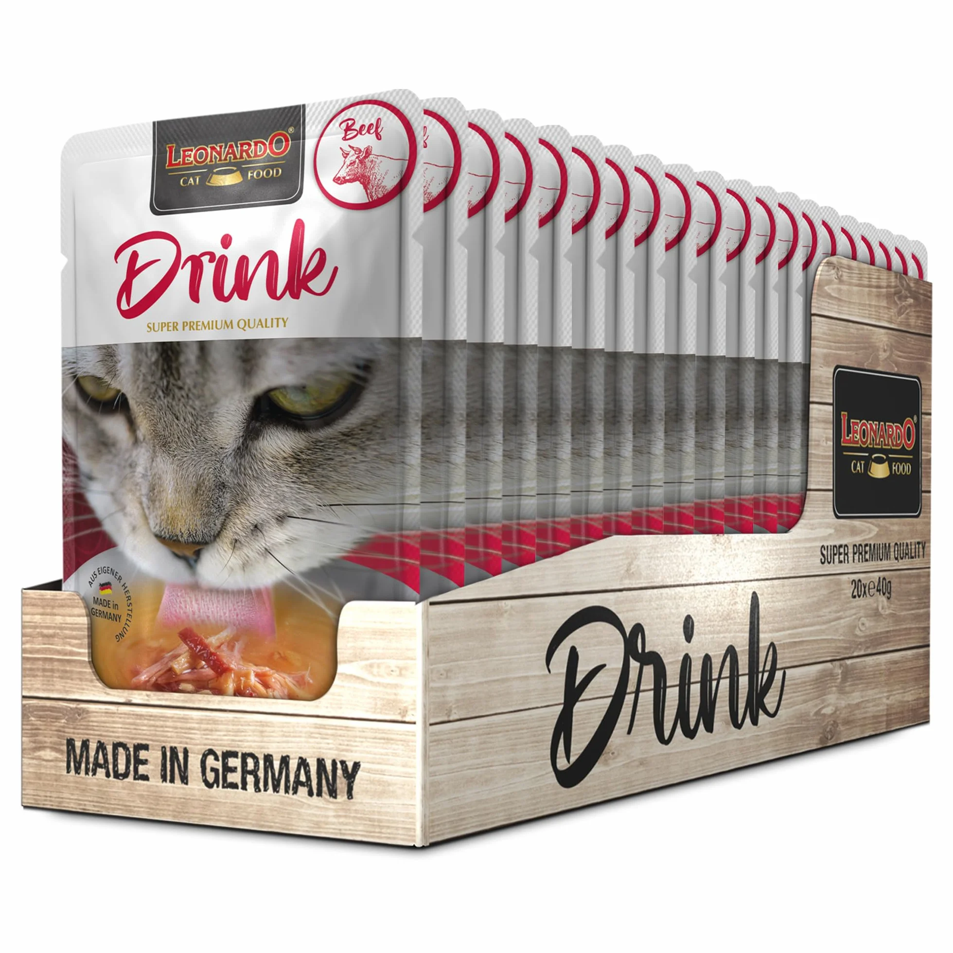 LEONARDO Drink Beef [20x40g Paquete múltiple Drink con Ternera] Bebida para Gato | Caldo de Carne con Tiras | Alimento complementario para Gatos