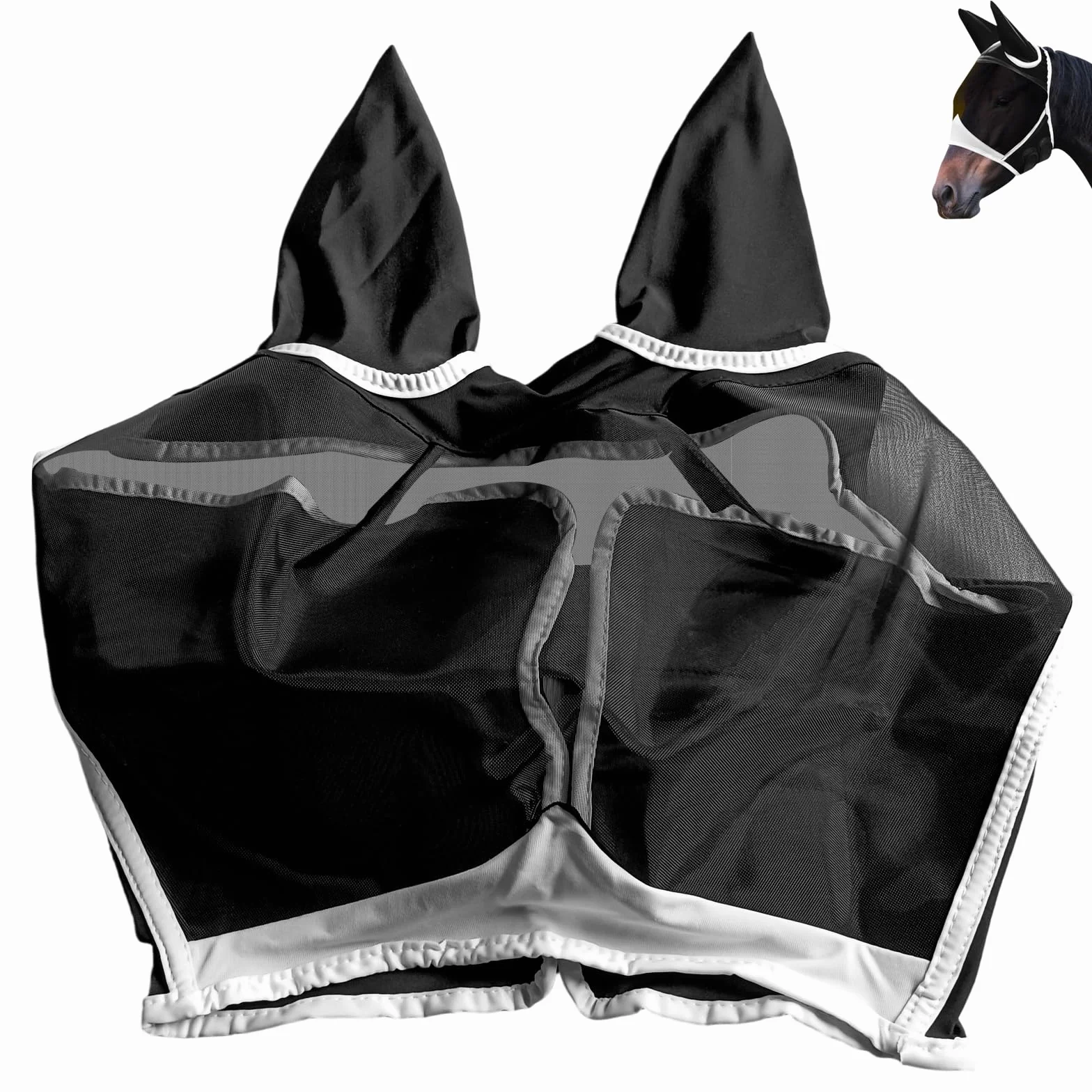 Máscara antimoscas para caballos transpirable malla fina ajustable protección orejas antiUV negro L