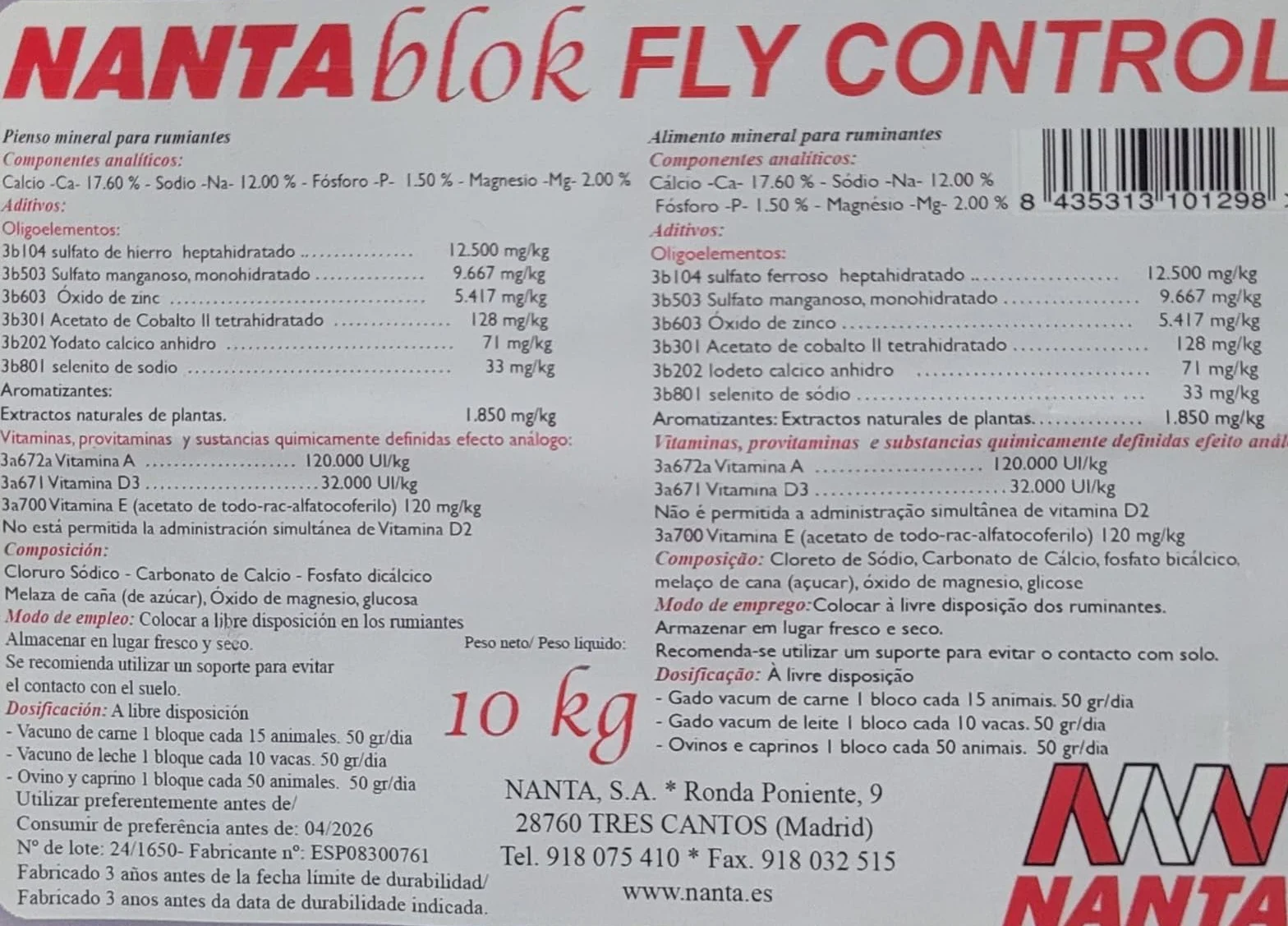 Nanta Block Fly Control 10kg - Nanta. Bloque vitamínico Mineral con Efecto Repelente de Insectos y parásitos externos. Ideal para becerros, Vacas, ovejas y Caballos.