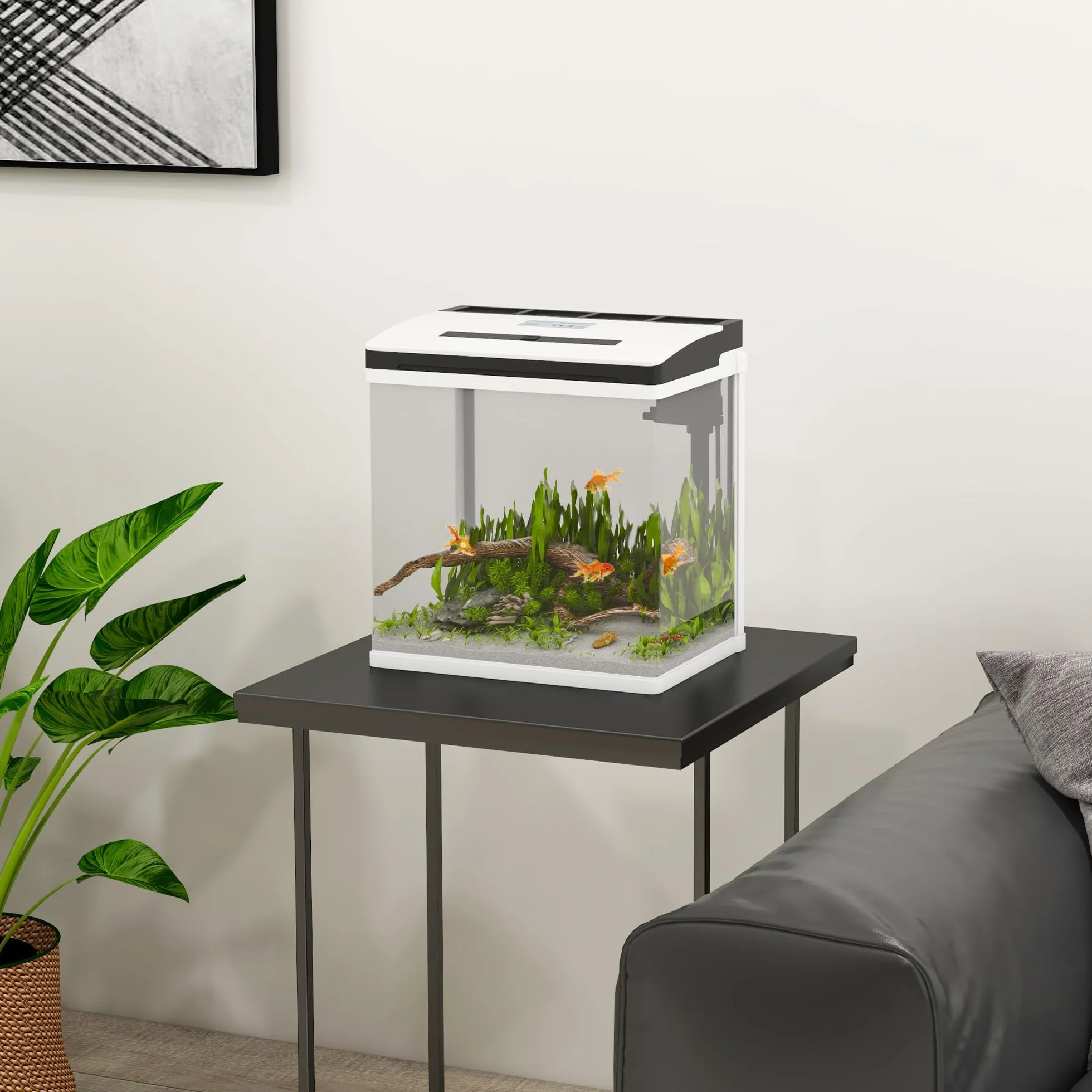 PawHut Acuario de Cristal de 13L Pecera Pequeña con Sistema de Filtro Iluminación LED Bomba de Agua 29x20x30,5 cm Blanco