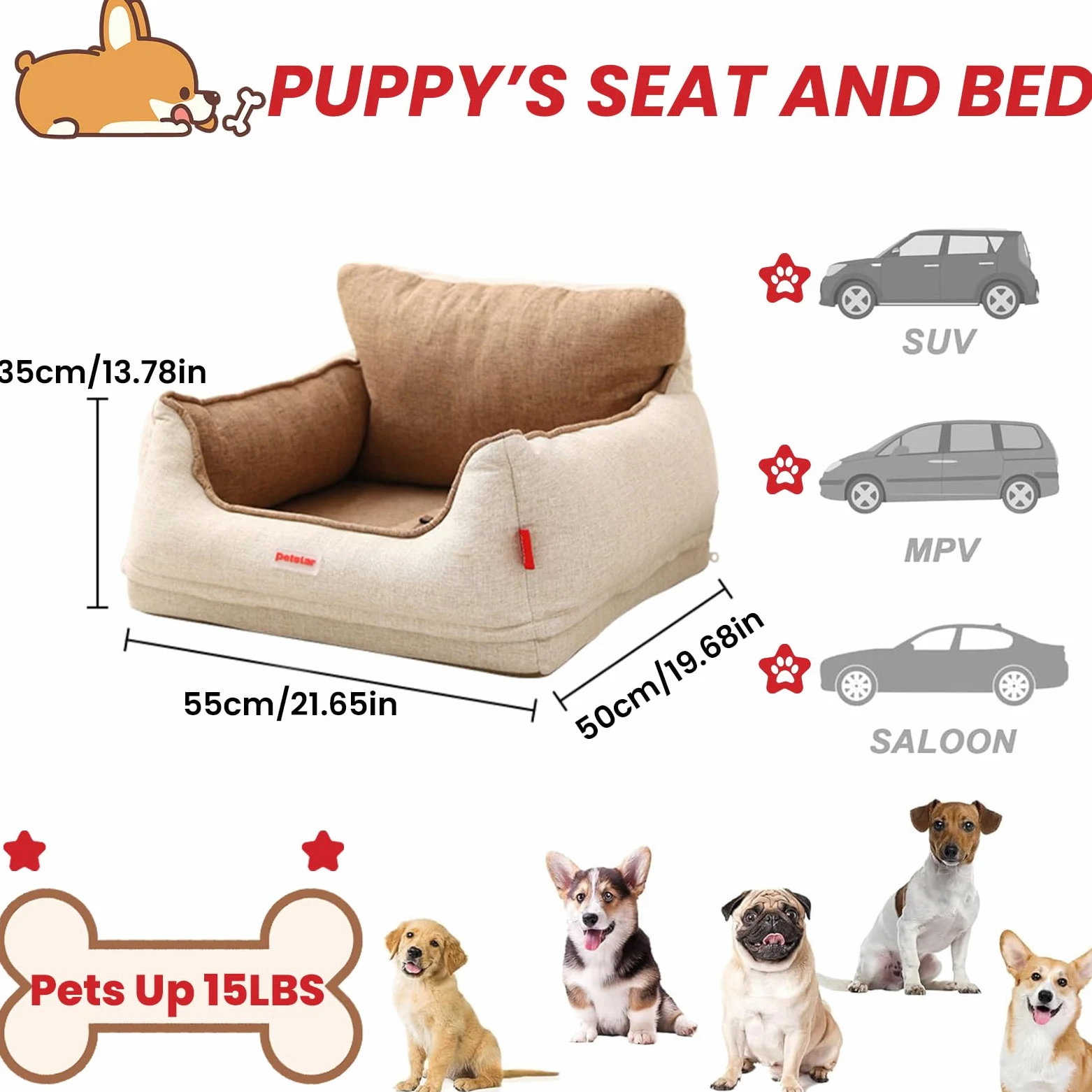 Asiento De Coche para Perros, Cama para Perros, Cajas De Transporte, Canastas para Gatos, Asiento Perro Coche Pequeño Mediano con Cinturón De Seguridad Antideslizante