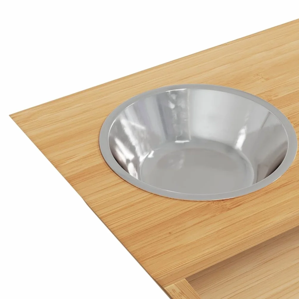 Cuencos elevados para perros con marco de bambú, 35,5 x 18 x 10,5 cm, 2 cuencos de acero inoxidable extraíbles, comedero y bebedero para perros, fácil de limpiar, estable y antideslizante