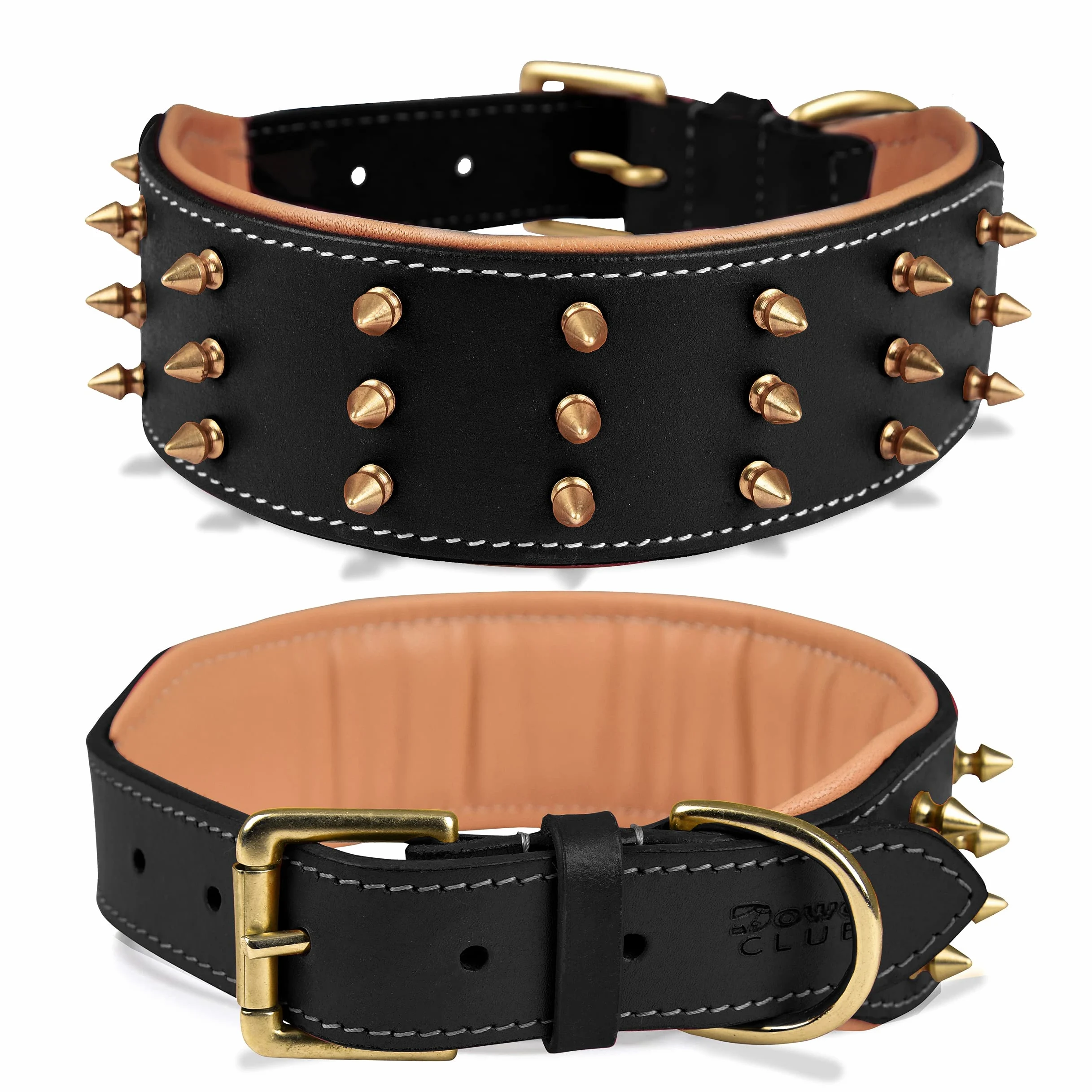Collar de Cuero con Pinchos para Perros Grandes, Collar de 5 cm de Ancho para Perros Grandes, Collar de Perro Negro, auténtico, de Grano Completo, Resistente, cómodo, Acolchado, (L (para