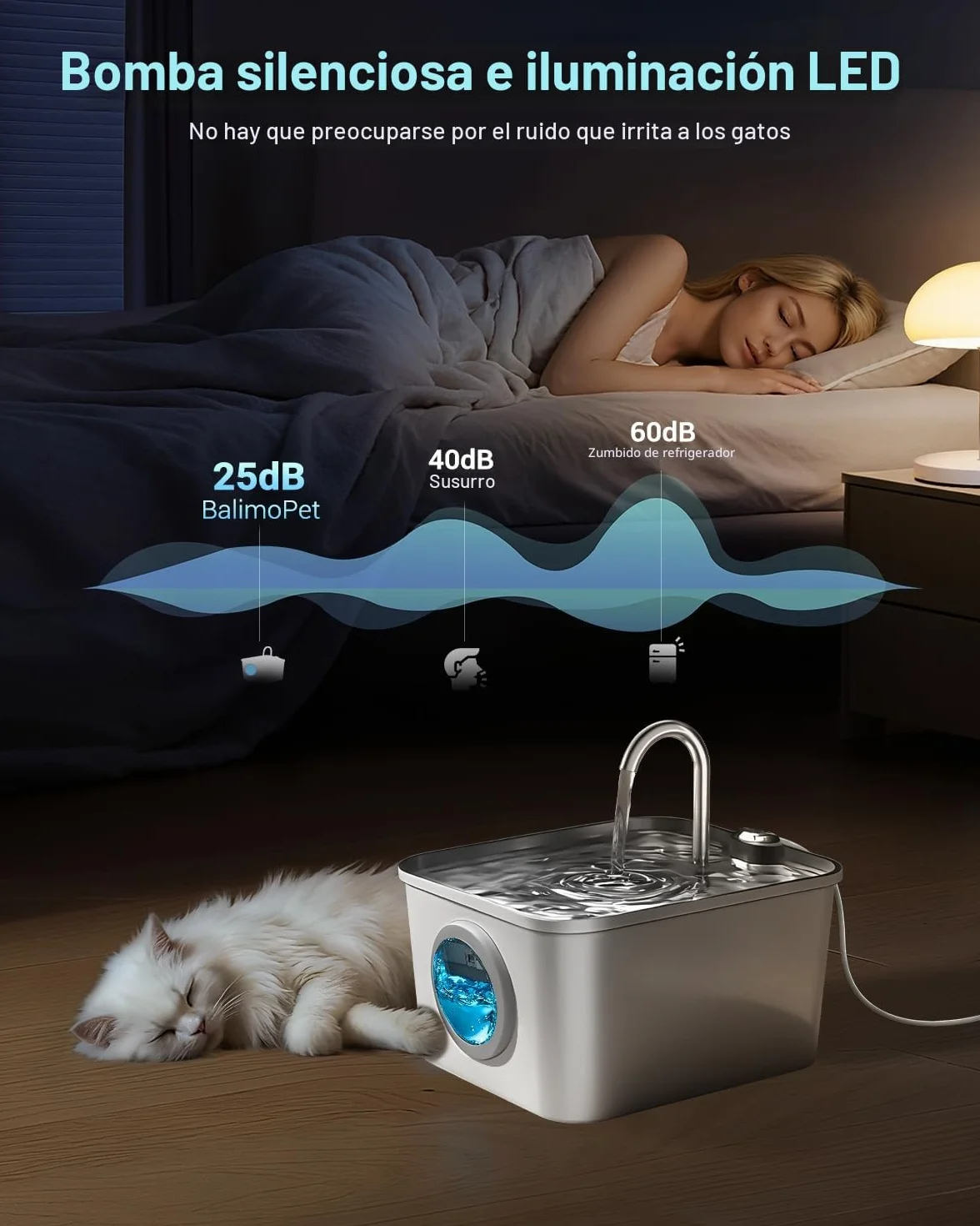 Fuente para Gatos Acero Inoxidable - 2,6L Bebedero Gatos Automatico Estilo Grifo Súper Silenciosa con Cable, Cuádruple Filtración, Fácil de Limpiar, con LED 3 Filtros y 3 Esponjas