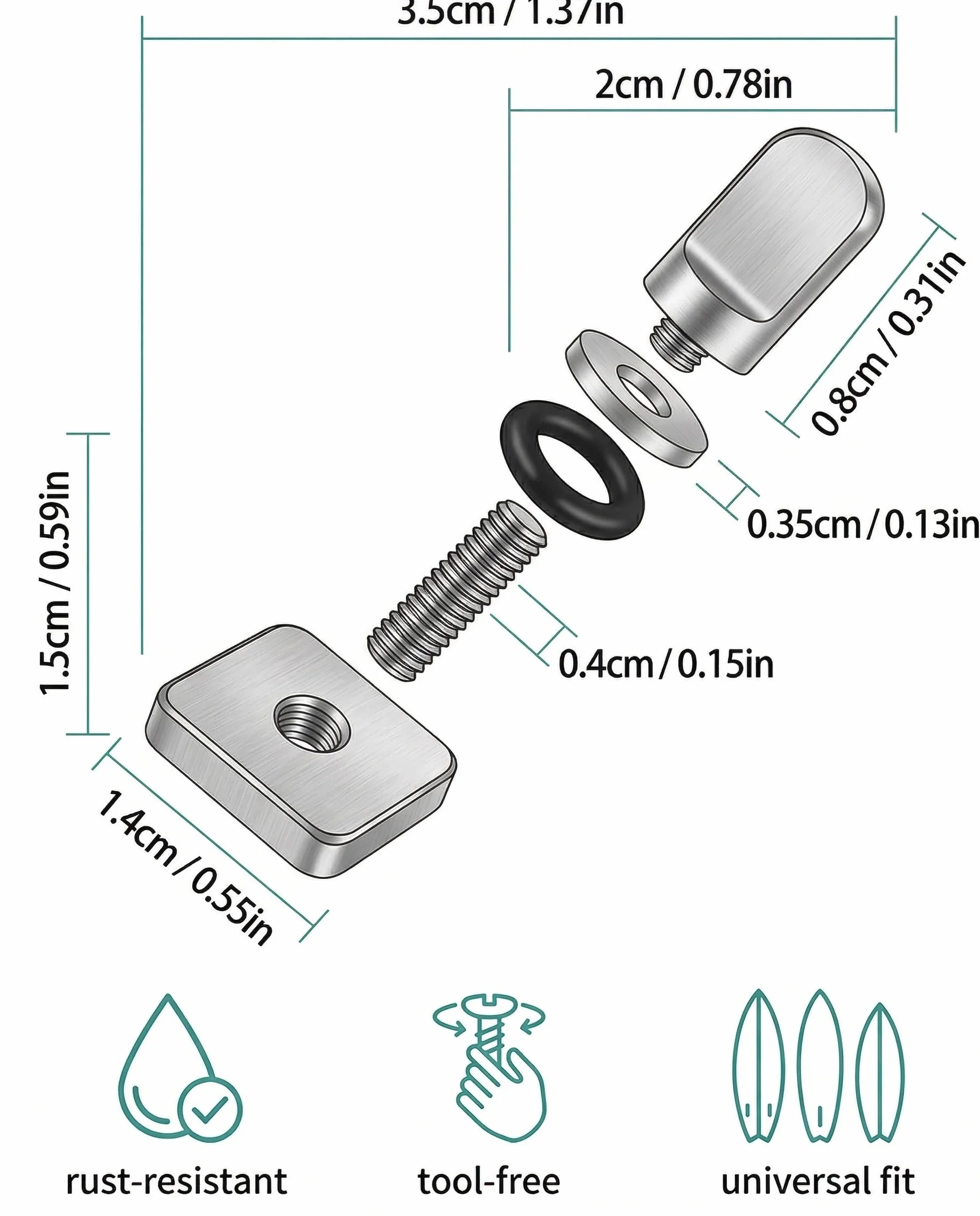 Tornillos Aleta Surf Acero Inoxidable Universal 5 Piezas, Fijación segura para SUP Longboard Paddle Board