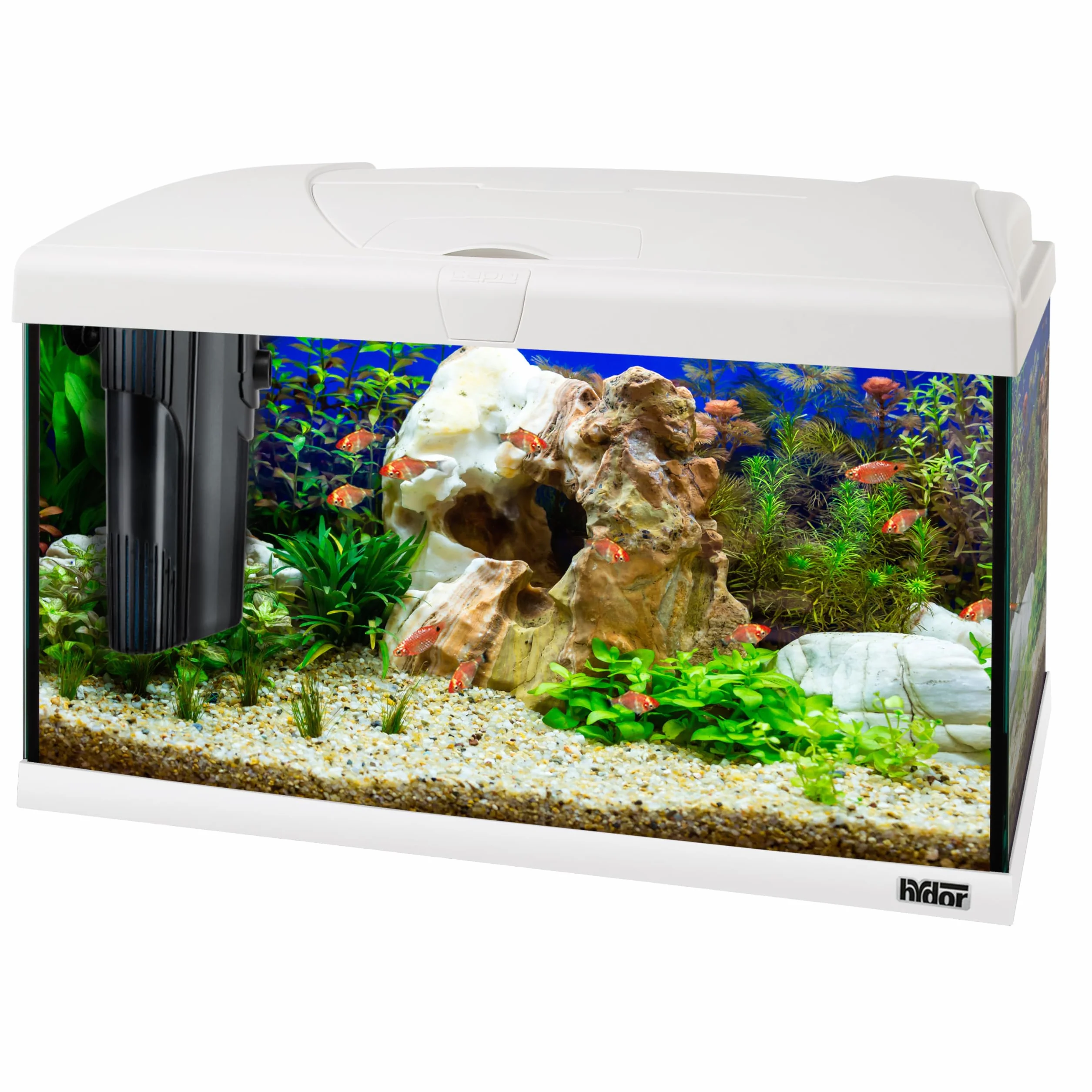 Hydor Acuario 60 litros para Peces Tropicales o de Agua Dulce, Incluye: Lámpara LED, Filtro Interno 2 Etapas para Agua cristalina, Calentador, 60 x 31,5 x h 39,5 cm Blanco