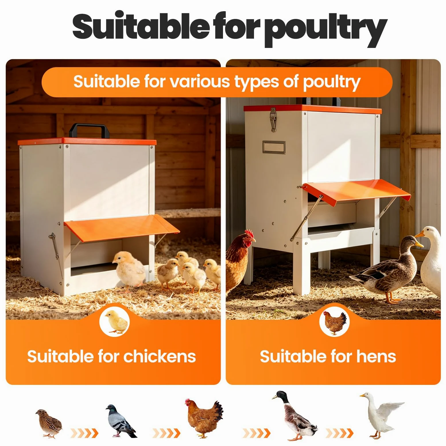 Alimentador automático de pollos colgante de metal de 30 libras, comedero para patos, para exteriores, grandes comederos para patitos al aire libre, sin residuos, alimentador automático para