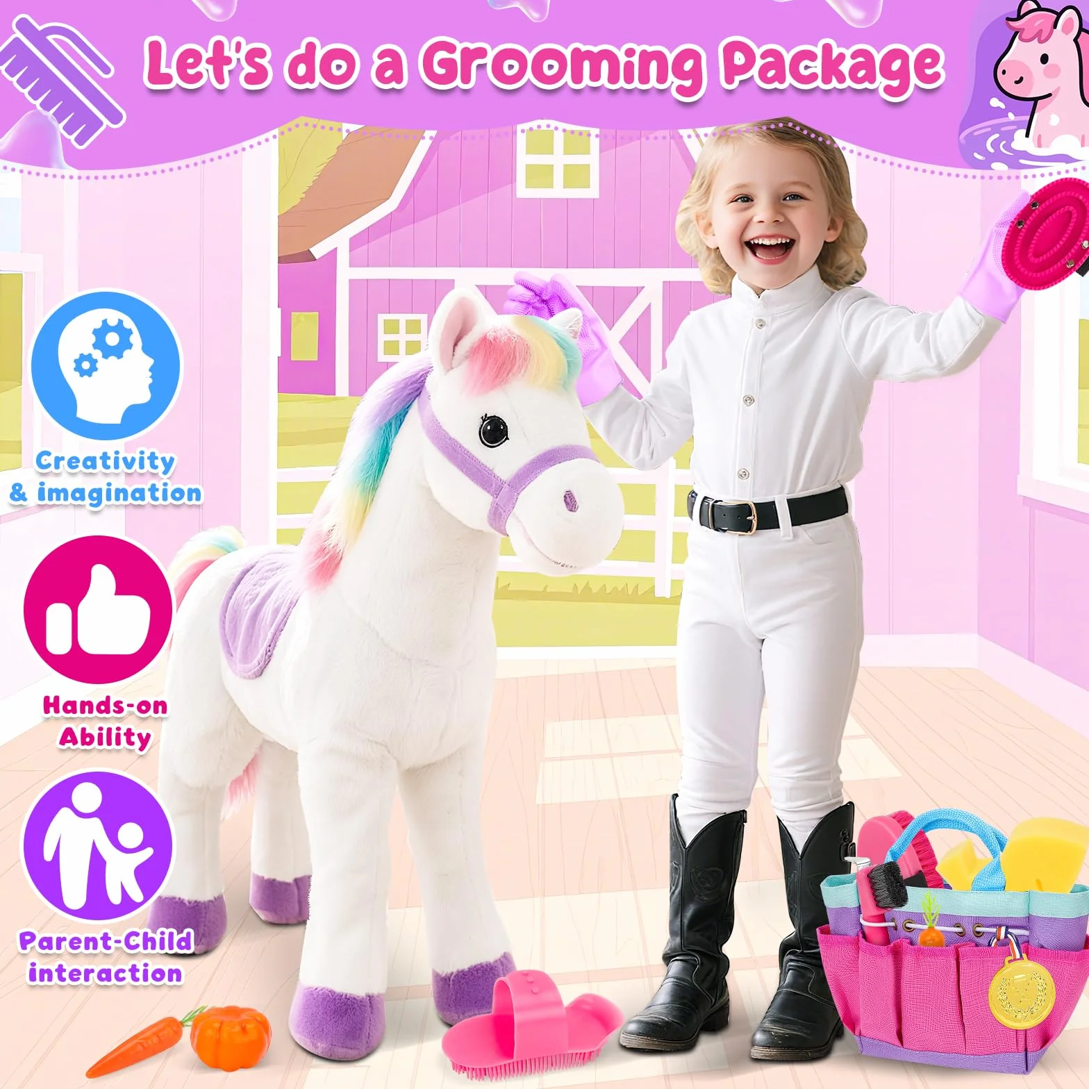 deAO Set de Cuidado de Caballos con Bolsa, Utensilios de Limpieza para Caballos para Niños con Cepillo, Guantes, Cepillo de Masaje, Peine para Crines, Rascador de Cascos, Esponja para Caballos (Rosa)