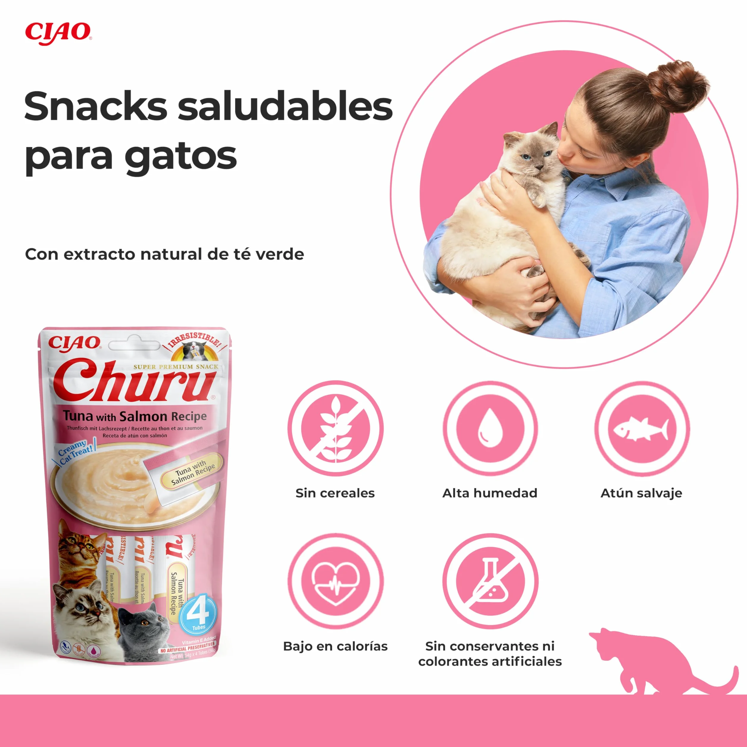INABA Churu Gatos - Snacks Saludables - Receta de Atún con Salmón - Premios con Textura Cremosa - Sin Cereales, Sin Conservantes, Sin Colorantes - Sólo 6 Cal - 56g (4 Tubos x 14g)