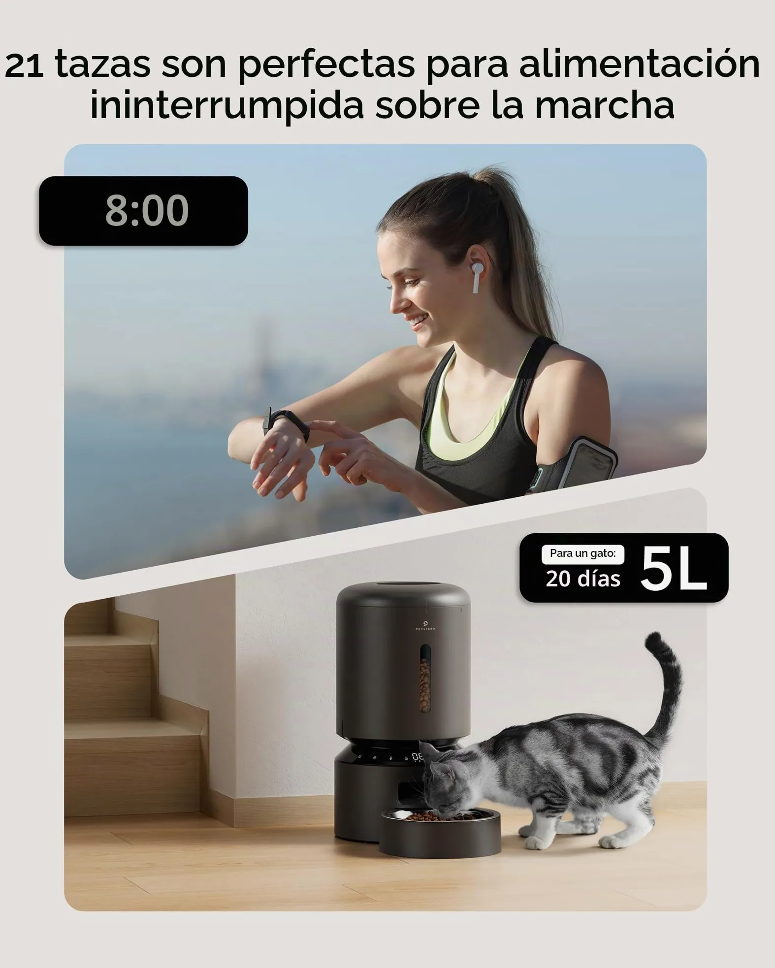 PETLIBRO 5G WiFi Comedero Automático para Gatos 5L con App- Dispensador de Comida para Perros, Sensor y Bloqueo de Comida Baja, 1-10 Comidas al Día, Control de App, con Tazón de Acero Inoxidable