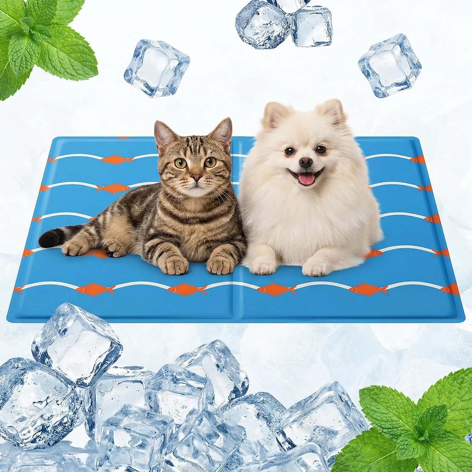 Qoosea Alfombra Refrescante para Perros y Gatos 50x65cm - Diseño Peces y Olas, Colchón Enfriador Autorefrescante, Impermeable y Plegable para Casa Coche y Viajes