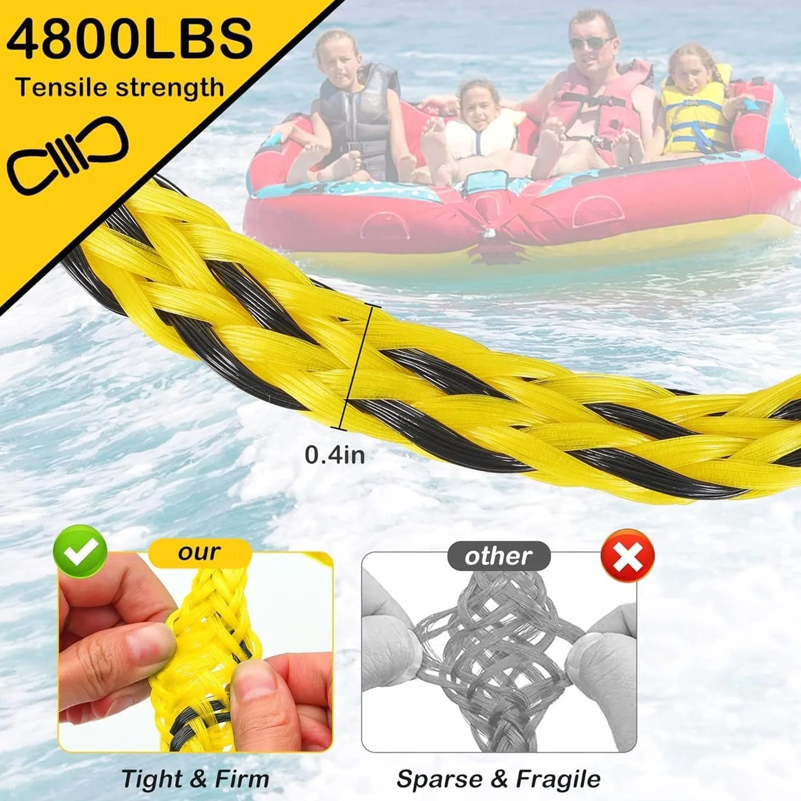 Cuerda Remolque para Tubing Y Cable Arrastre 4 Usuarios Gancho Polea Giratoria 360° Flotadores Inflables Deportes Acuáticos