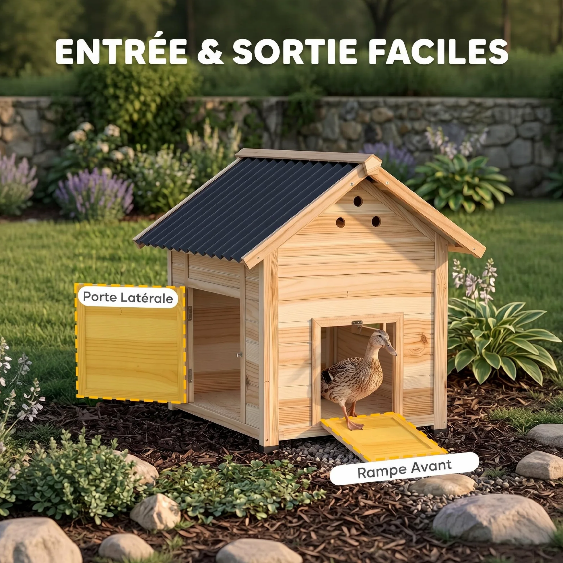 PawHut - Caseta para patos de madera, techo impermeable, 78 x 90 x 92 cm, madera natural | Para Patos y Gansos, Ventilación, Base Desmontable, Puerta Lateral, Gallinero