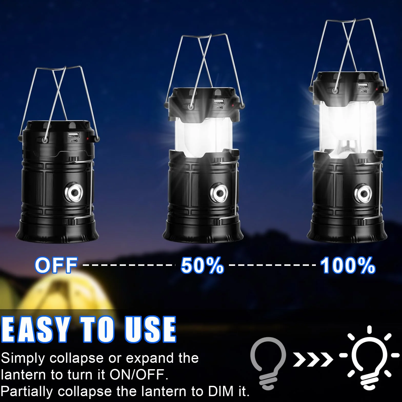 Linterna Camping Solar LED Plegable Impermeable con Gancho, Luz para Acampar, Negro