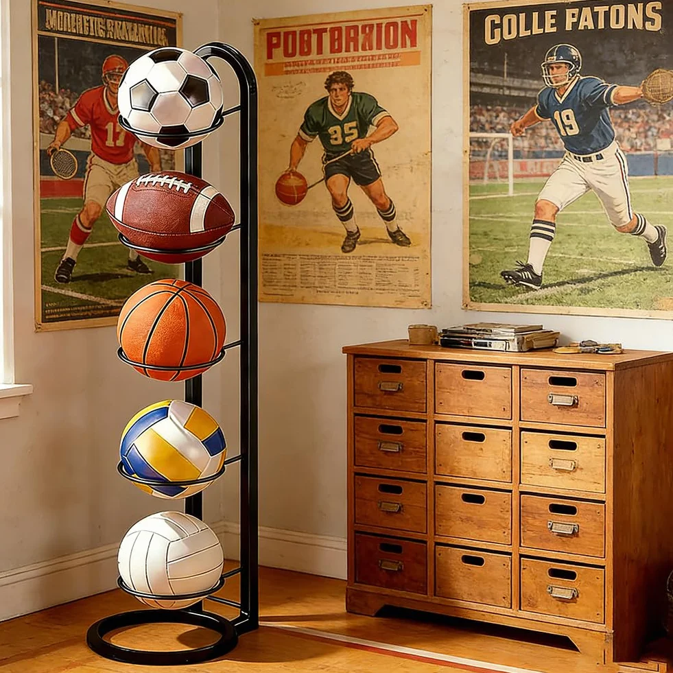 Soporte para pelotas de fútbol, baloncesto y más – Soporte de bola de metal de 5 niveles negro
