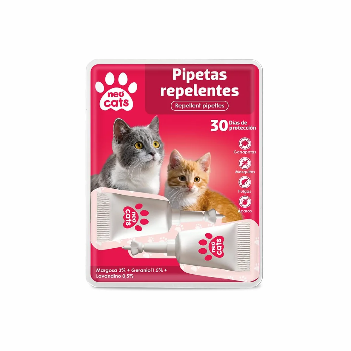 NEO CATS - Pipetas Repelente Anti-insectos para Gatos - Contra Pulgas, Garrapatas y Mosquitos - 30 días de Protección - Con Margosa, Geraniol y Lavandino - Olor Herbal - 2 unidades