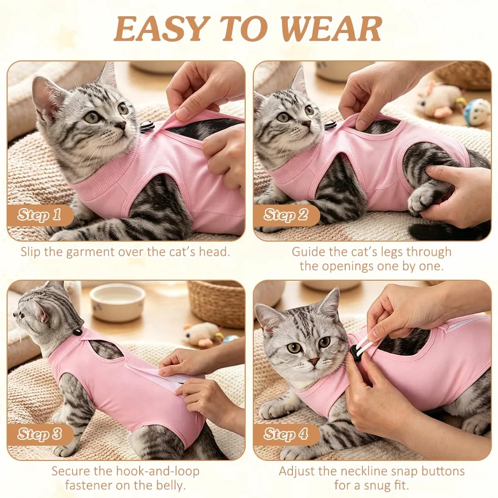 OFFCUP 2 Piezas Body de Recuperación para Gatos, Gatos Postoperatorio Hembra para Evitar Que se Laman Las Heridas, Suave y Cómodo, Gata Camiseta de Recuperación, Rosa, Talla M