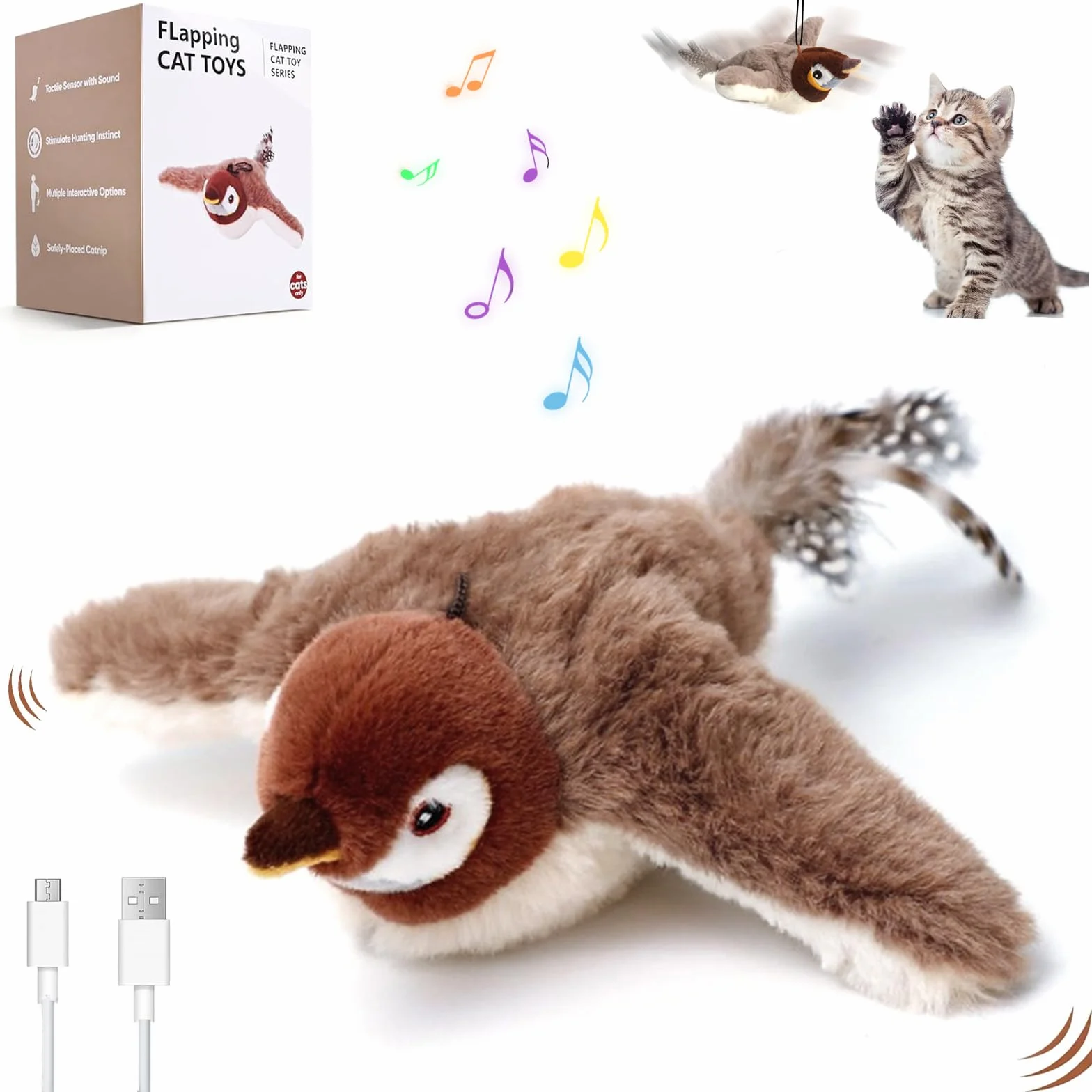 Juguete Gato Pajaro Volador, Juguete de Gatos de Pájaro Volador Recargable Juguetes para Gatos de Pájaros Chirping Juego Interactivo Gato para Gatos Interior Perseguir Morder Masticar