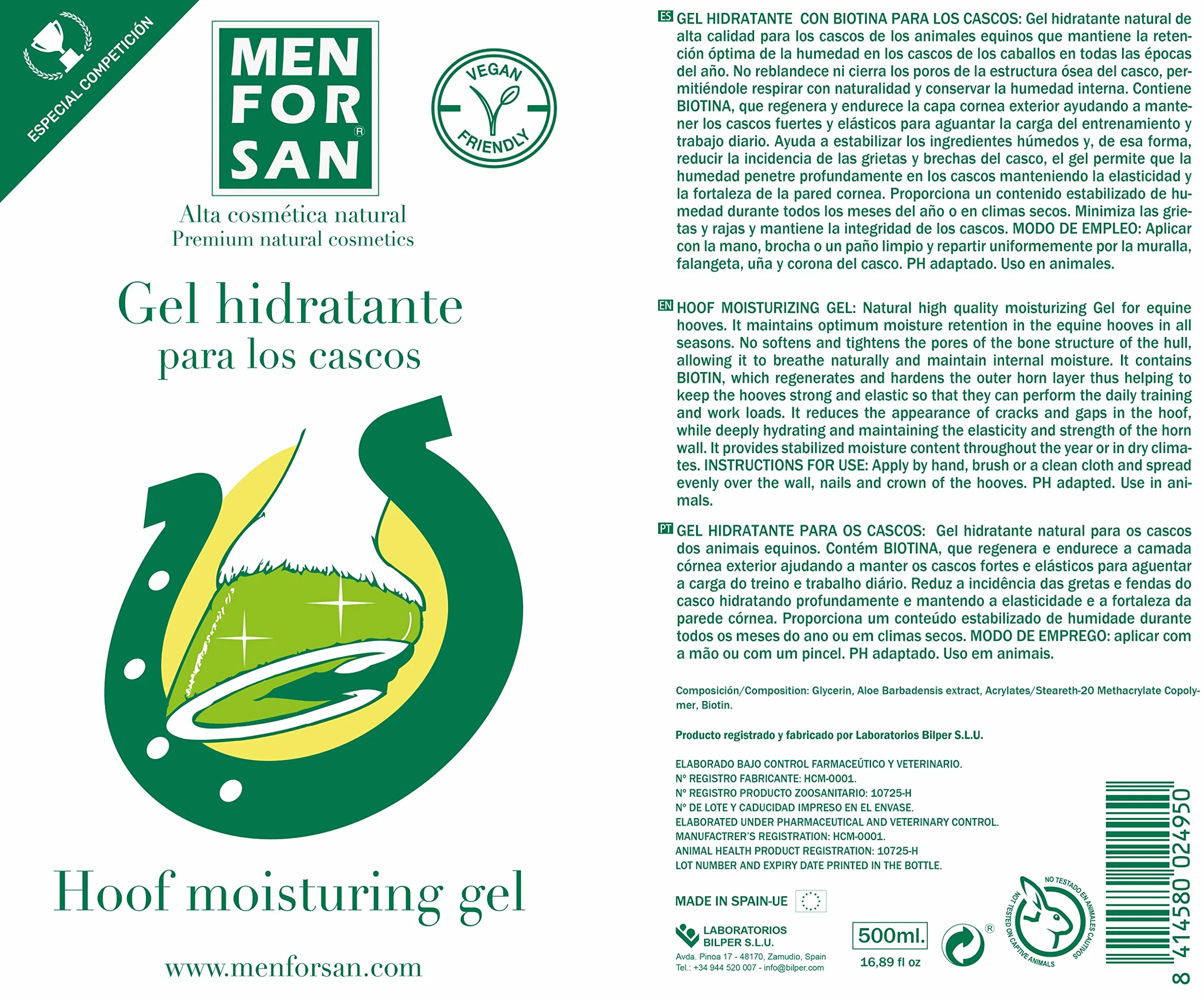 MENFORSAN Gel Hidratante para los Cascos de Caballos - 500ml