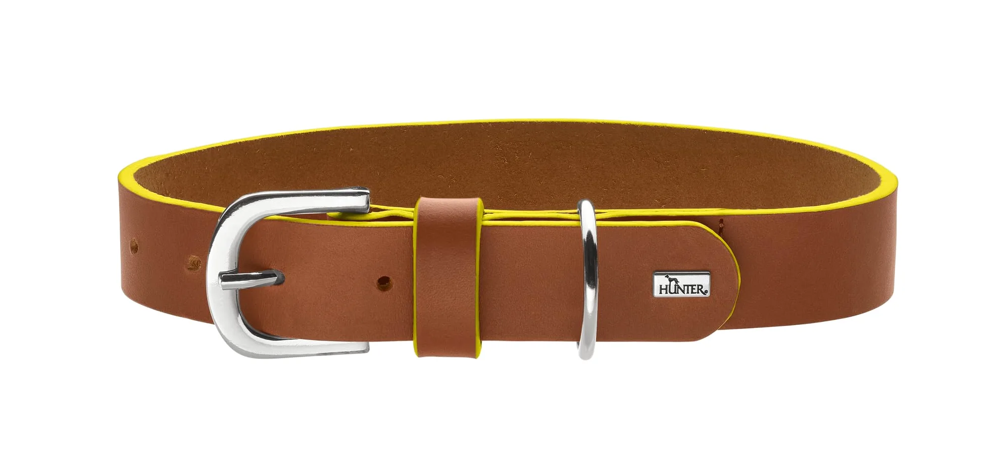 Hunter Garda - Collar para Perro de Piel de Vacuno Suave, Resistente y cómodo, con Bordes de Contraste teñidos a Mano, Fabricado en Alemania, Color coñac/Amarillo, Talla 60