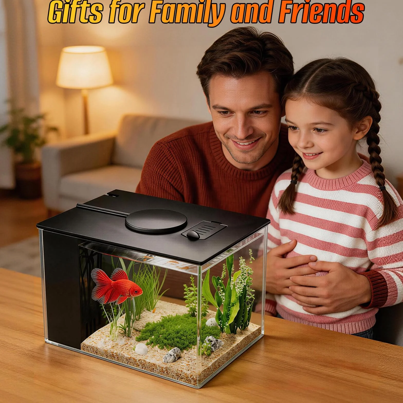Mini acuario acrílico de 3,7 l con bomba de filtro, iluminación LED, pequeño acuario Betta, juego completo para peces pequeños, gambas y plantas (negro)