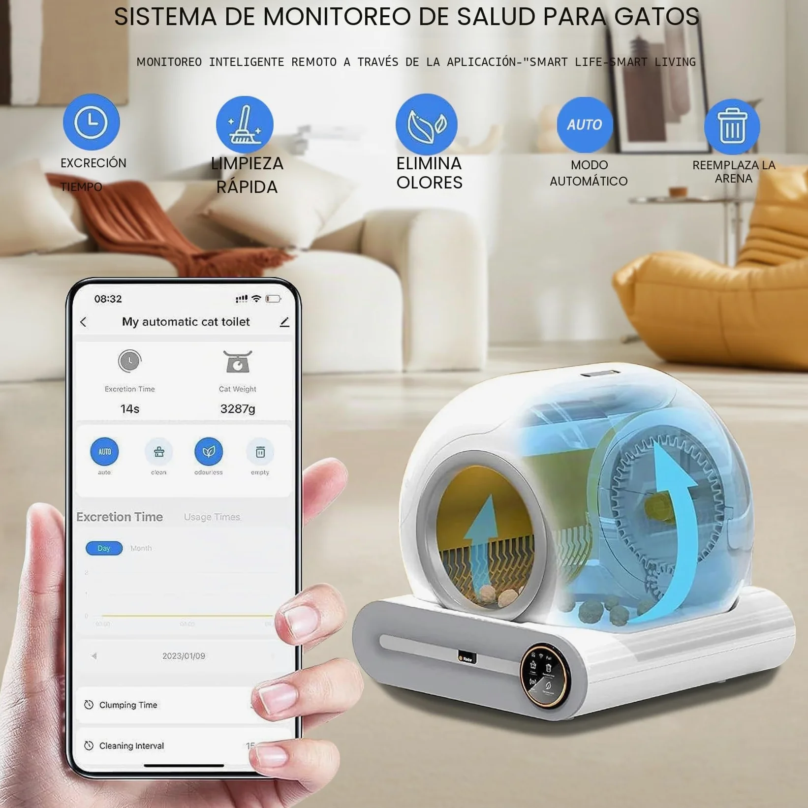Arenero Gatos Autolimpiable, XXL, Desodorizante | Controlado por Aplicación, Cagadero Autolimpiable Grande, adecuado para Varios Gatos