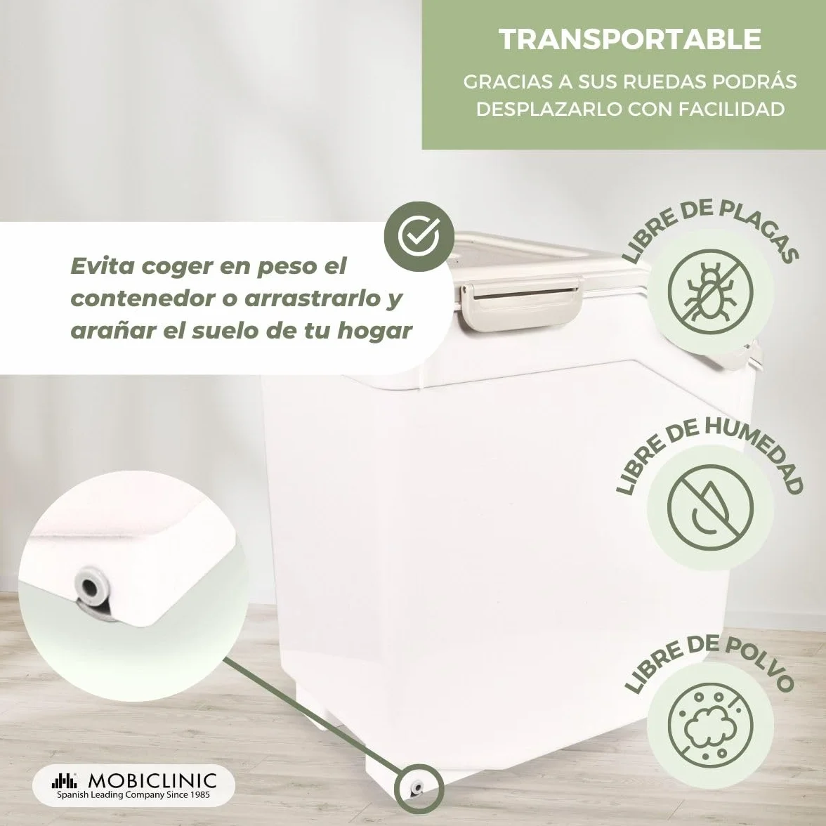 Mobiclinic®, Contenedor Pienso, Pala y Vaso Medidor, Capacidad 20 L/8 Kg, para Mascotas, Cierre Hermético, 23x25,5x36,5cm, con Ruedas, Ventana Transparente, Preservación de Frescor, Feedpet