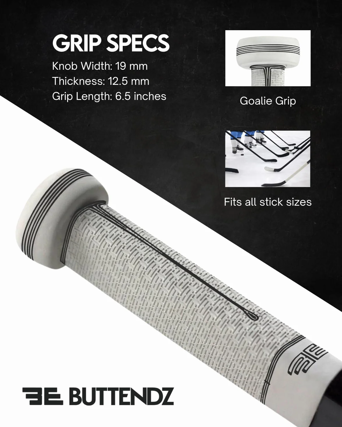 Buttendz Sentry Empuñadura de Repuesto para Palo de Hockey de Portero - Control de Precisión con Perilla Sobredimensionada, Textura Mejorada (Blanco con Goteo Negro)