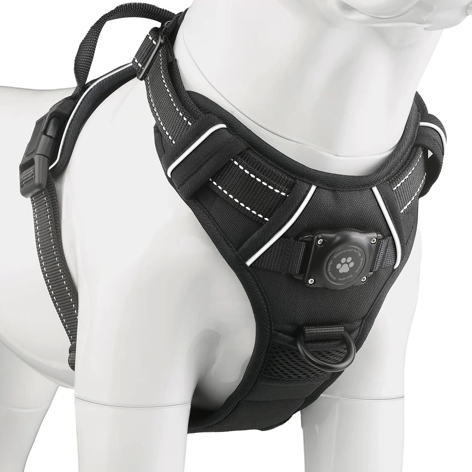 AirTag Dog Harness, Integrated Dog Vest with 100% Waterproof Air Tag Holder, No-Pull No-Choke Reflective Dog Vest Harness with Apple Air Tag Case for Small Medium Large Dogs (Black, S)