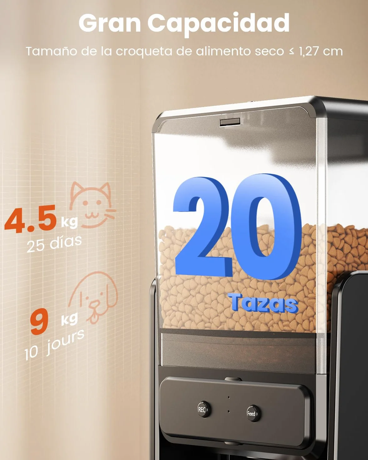 Comedero Gato Automatico con Control App para 2 Gatos, Altura Ajustable para Mascotas Pequeñas, Dispensador Comida Gatos de 5 litros para Alimento Seco, Grabadora de Voz