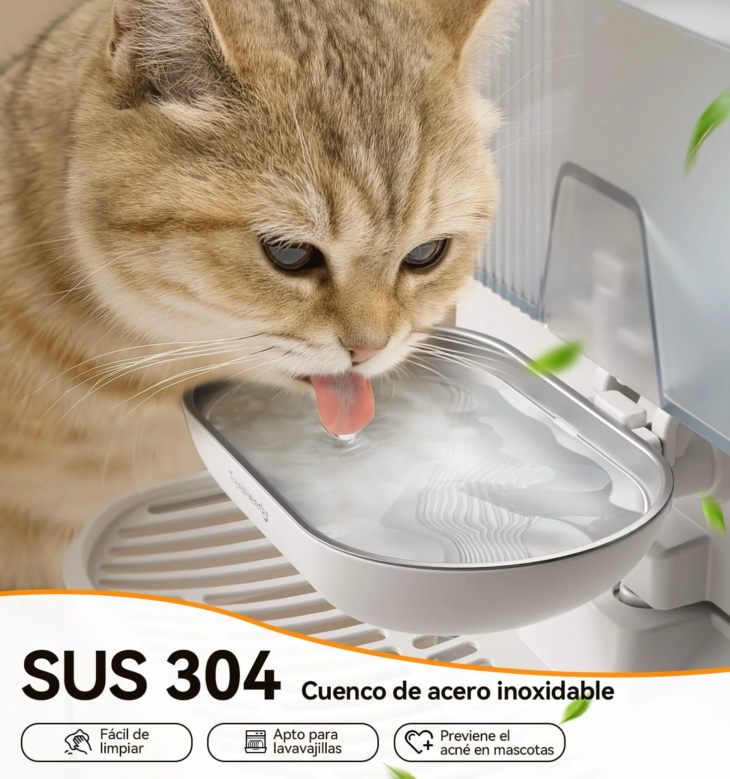 FEELNEEDY Fuente para Gatos Sin Filtro e Inalámbrica con Batería 2000mAh, Separa el Agua Limpia del Agua Usada, Cuenco de Acero Inoxidable, Bebedero Gatos Sin Cable 3,5L, Blanca