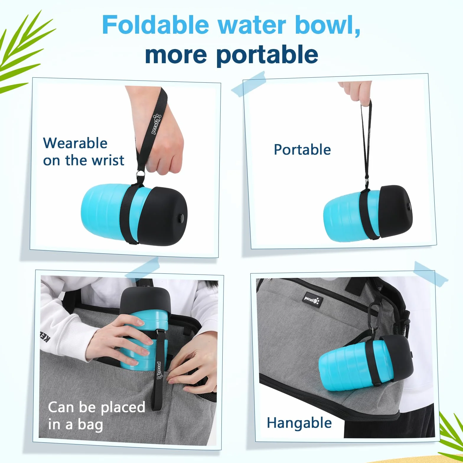 Pecute Botella de Agua para Perros (Azul 500ml) con Cuenco de Agua Plegable Botella de Agua de Silicona de Grado Alimentario para Perros Gatos, 100% Libre de Fugas de Agua