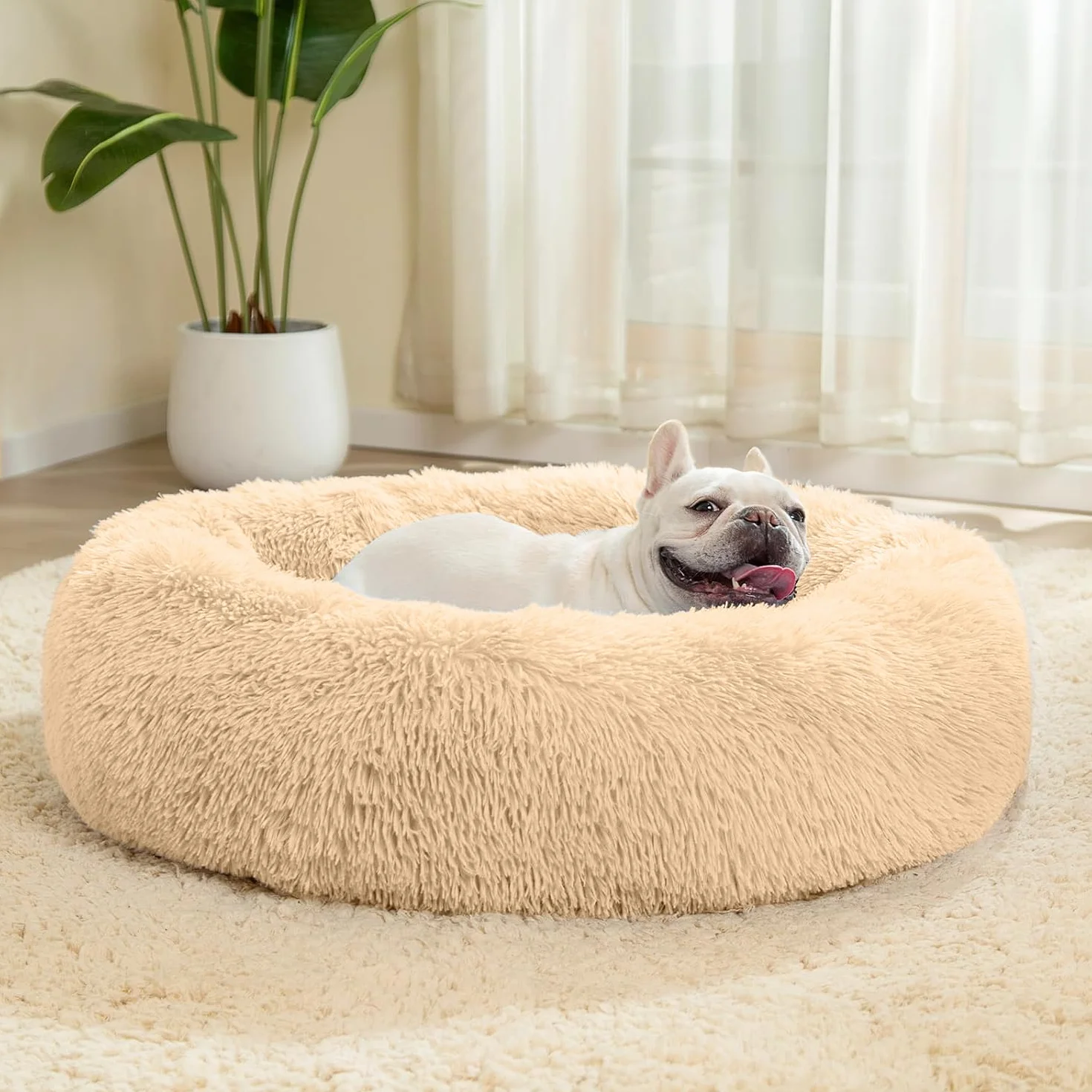 Cama para perros, mullida, cojín para perros, redondo, cama para mascotas, donut y gatos, lavable con base antideslizante, para perros grandes, medianos y pequeños, 70 cm, camello