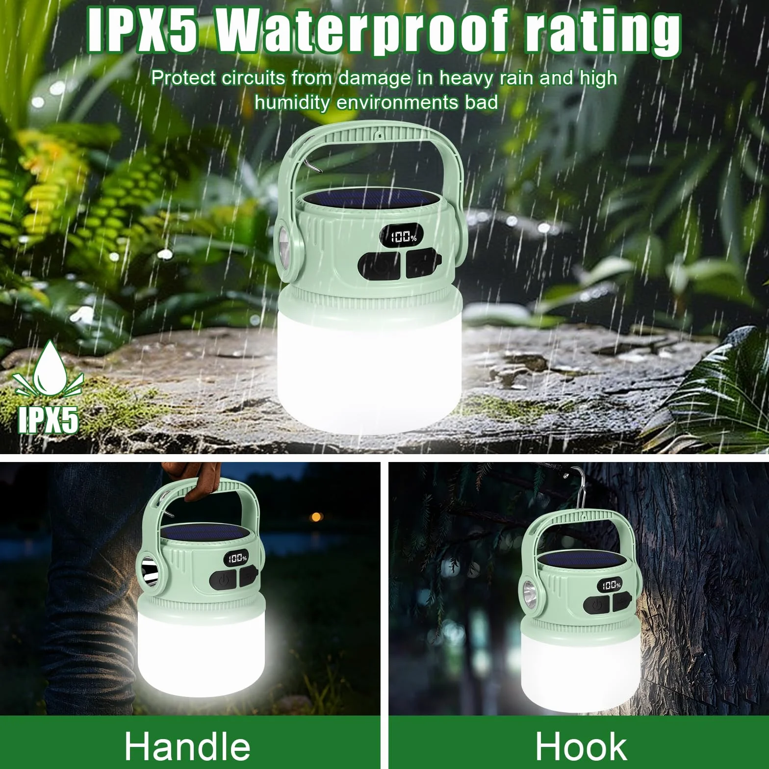 Lámpara Camping Solar Recargable 2400mAh LED Super Brillante IPX5 Impermeable