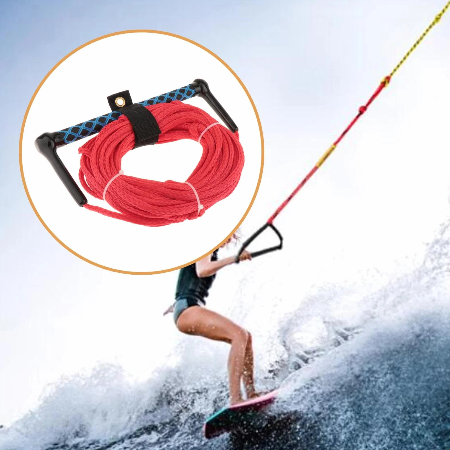 Cuerda para Esquí Acuático 23 Metros con Asa, Correa Portátil para Surf, Wakeboard, Roja