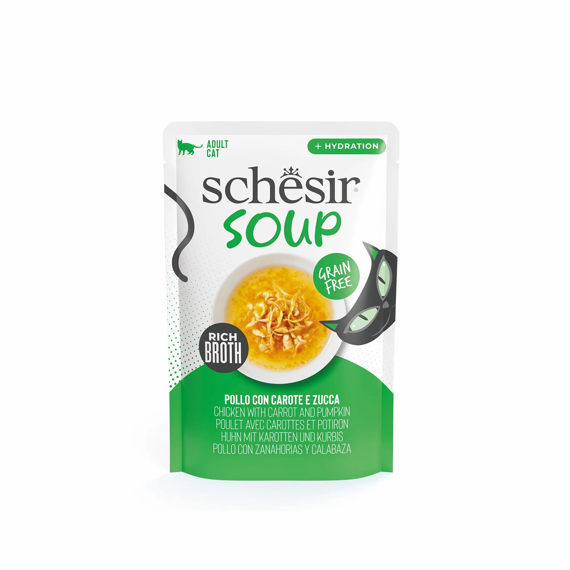Schesir, Sopa con Filetes de Pollo con Zanahorias y Calabaza, Cibo Húmedo Complementario para Gatos, Receta Original, 100% Natural, Cruelty-Free, 12 x 40g