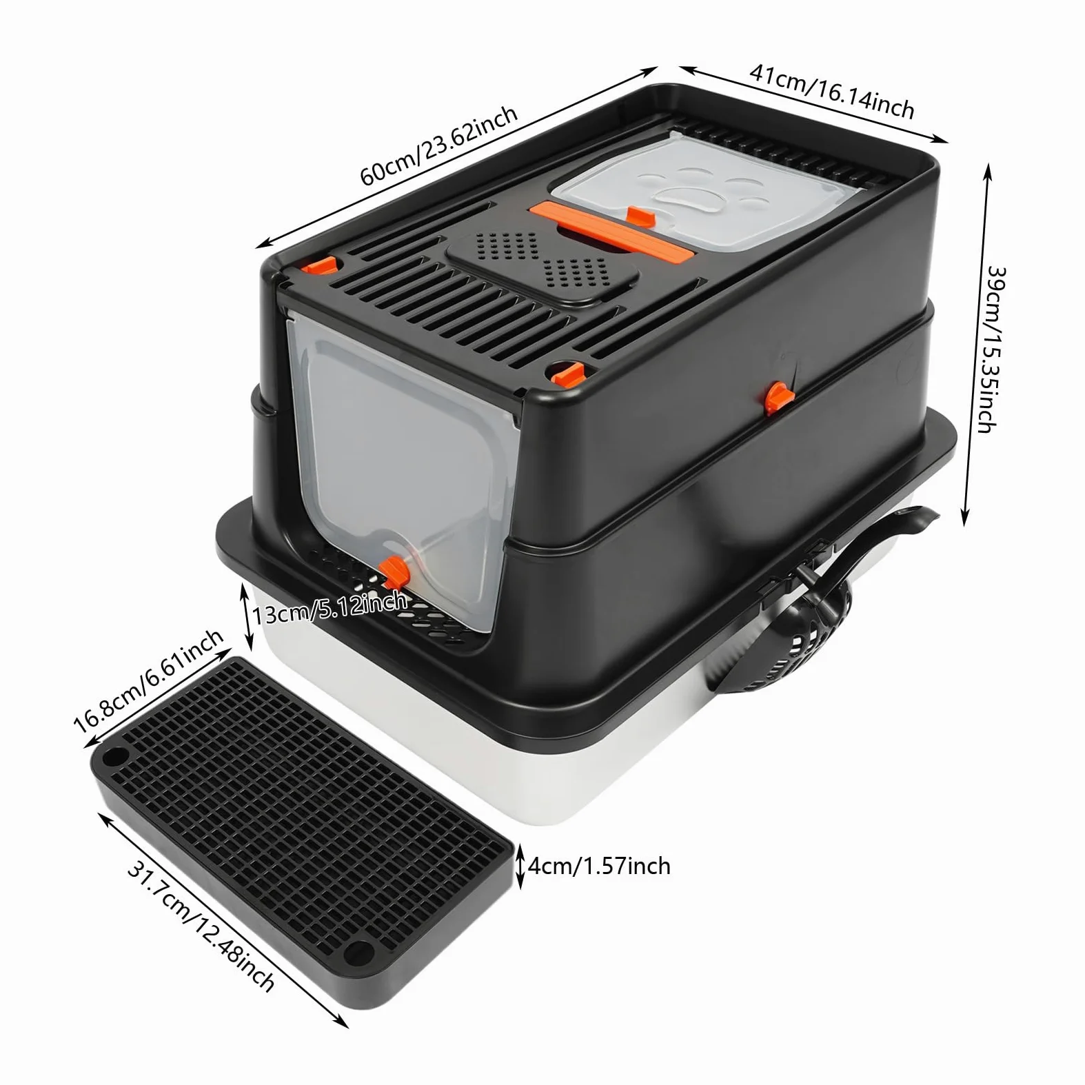 Caja de arena cerrada de acero inoxidable con tapa, caja de arena para gatos con pala, pedal de basura y almohadillas de agarre con apertura en forma de U, adecuado para gatos de hasta 15 kg (negro)