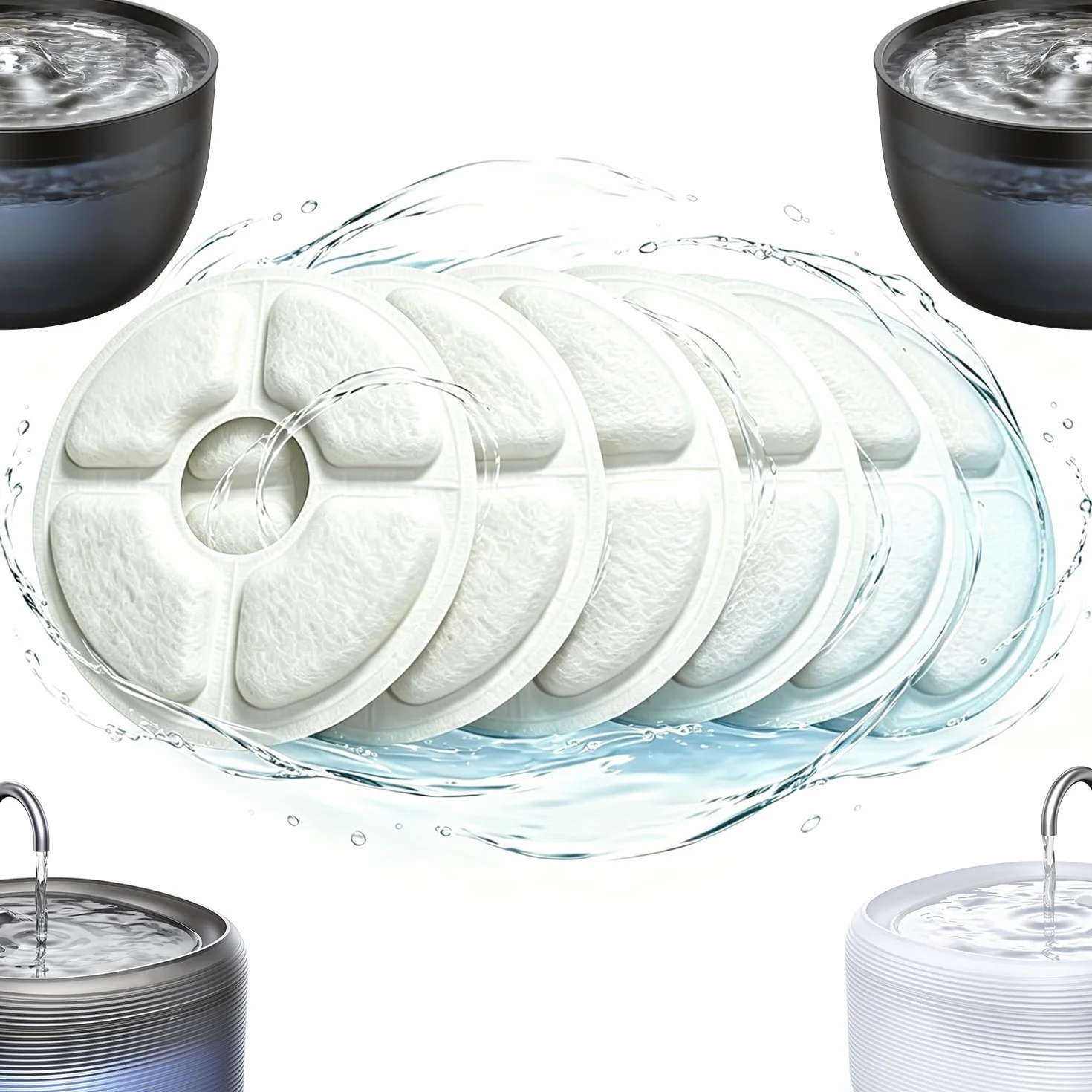 Filtros Fuente Gatos, 1.6-2.5L Filtros Fuente para Gatos Repuesto de [6PCS] Filtros Agua Gato de Triple Acción con Resina de Intercambio Iónico, Carbón Activado
