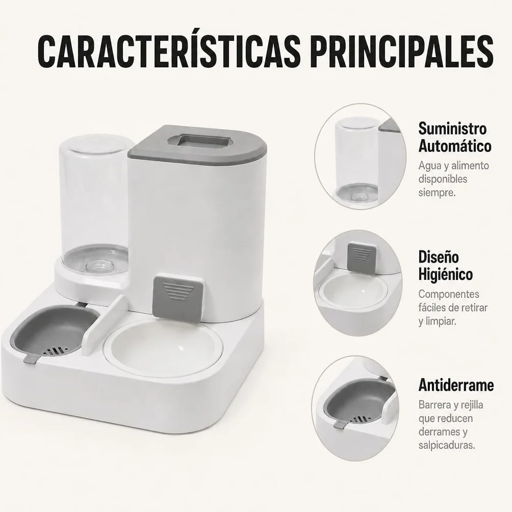 Comedero y Bebedero automático 2 en 1 para Gatos y Perros – Dispensador de Comida 2,2 L y Agua 1 L, diseño Compacto, Materiales Resistentes, Color Gris – Uso Diario en Interiores